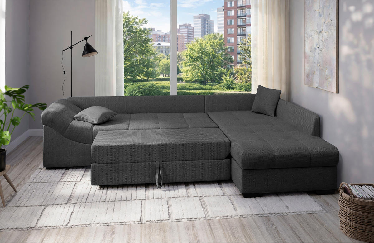 ECKSCHLAFSOFA Alvito Anthrazit Chenille  - Anthrazit/Schwarz, MODERN, Holz/Textil (298/202cm) - MID.YOU