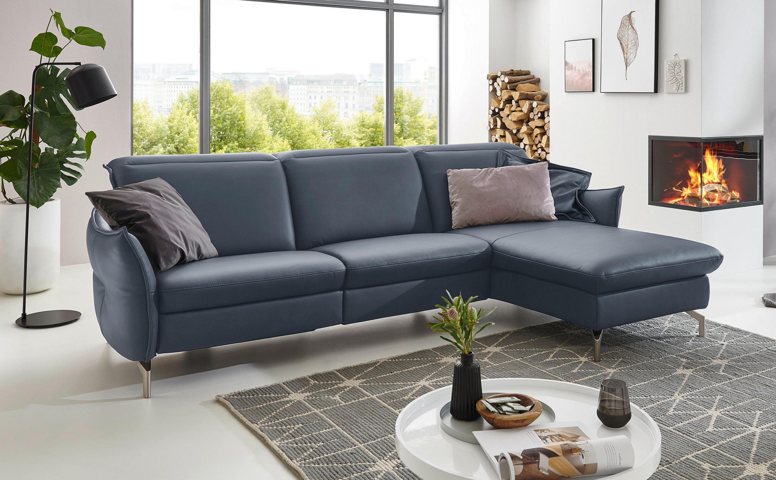 ECKSOFA Blau, Grau Echtleder  - Blau/Grau, MODERN, Leder/Metall (233/179cm) - Livetastic