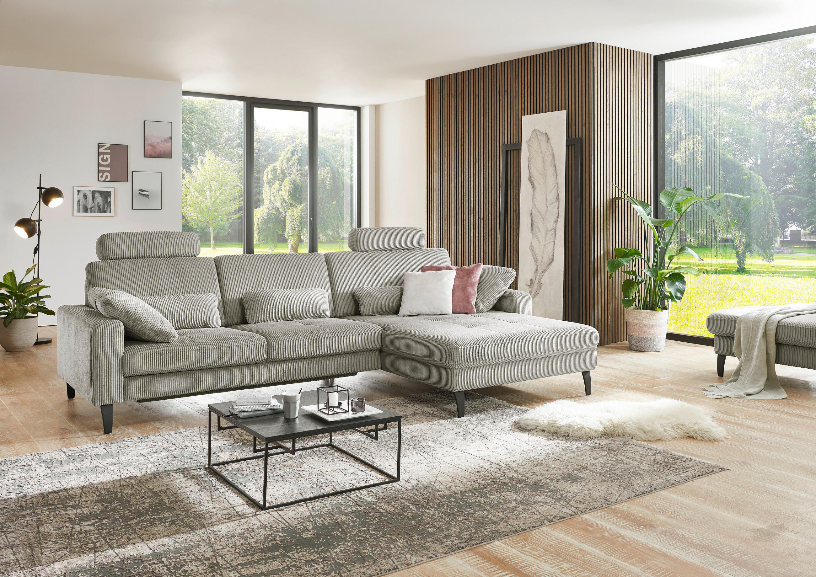 ECKSOFA in Cord Greige  - Greige/Schwarz, Modern, Textil/Metall (302/177cm) - Beldomo Style