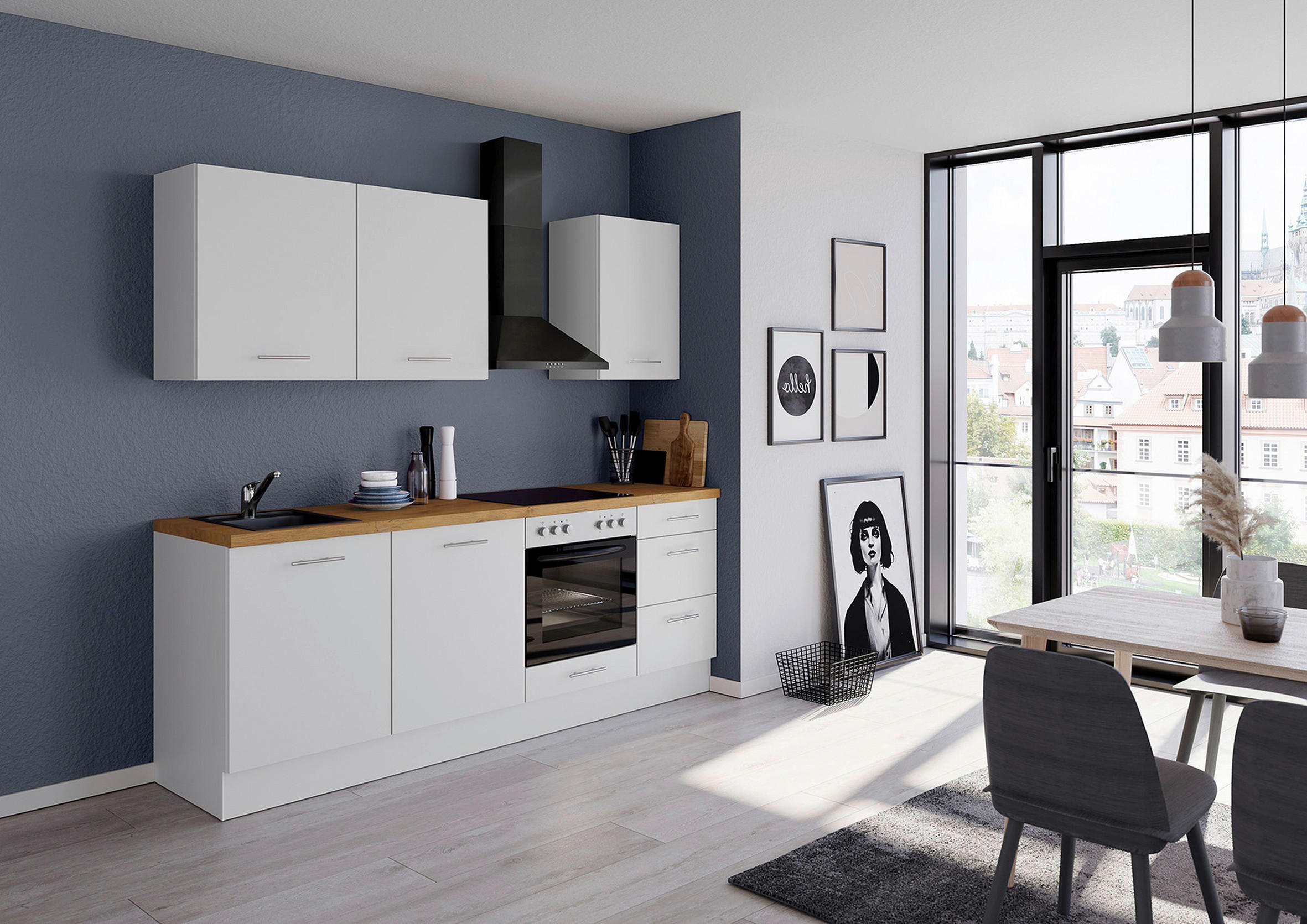 KÜCHENBLOCK 230 cm   in Weiß  - Edelstahlfarben/Eichefarben, Design, Holzwerkstoff/Metall (230cm) - Impuls