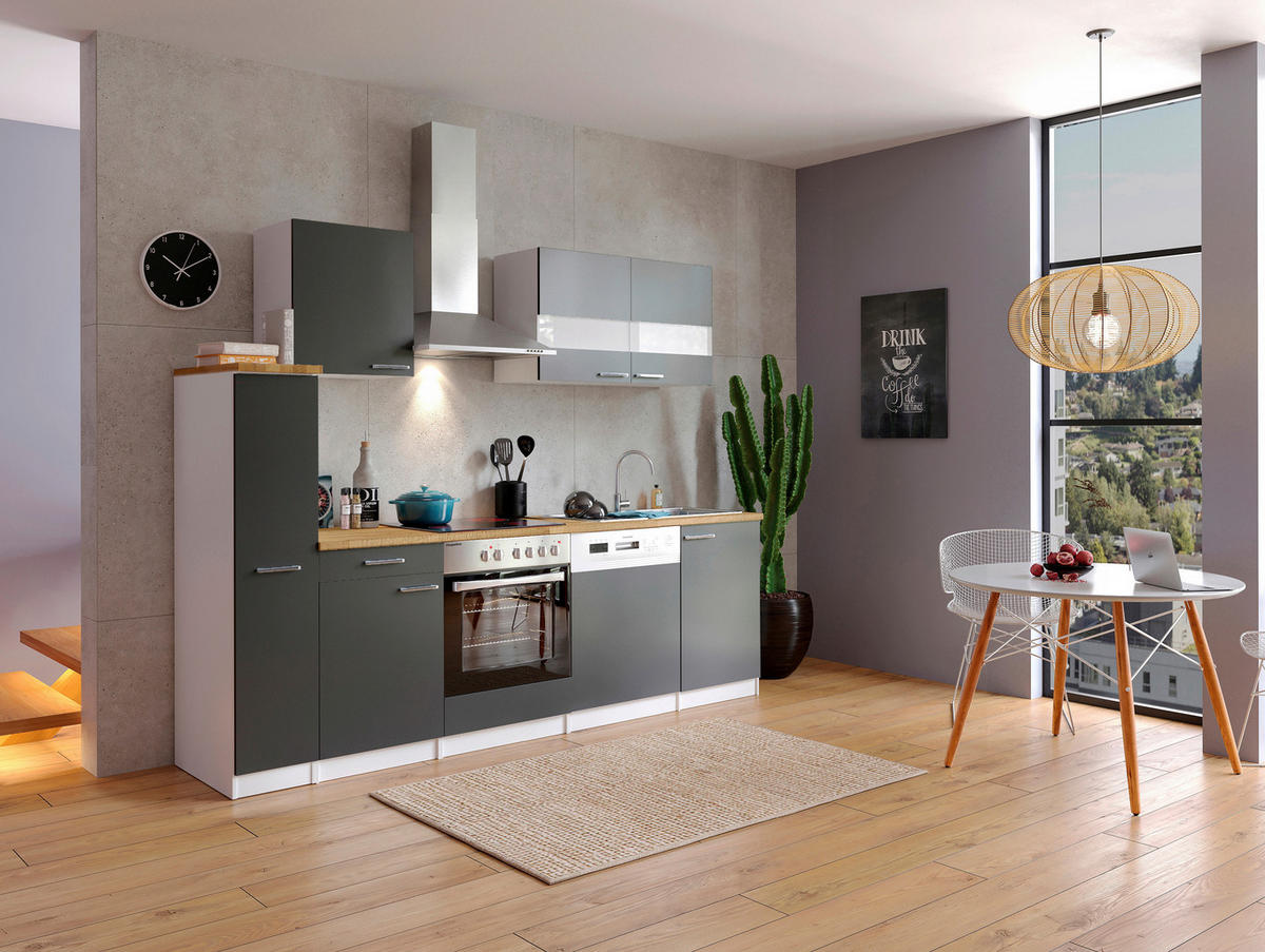 KÜCHENBLOCK 250 cm   in Grau  - Edelstahlfarben/Nussbaumfarben, Basics, Holzwerkstoff/Metall (250cm) - Respekta