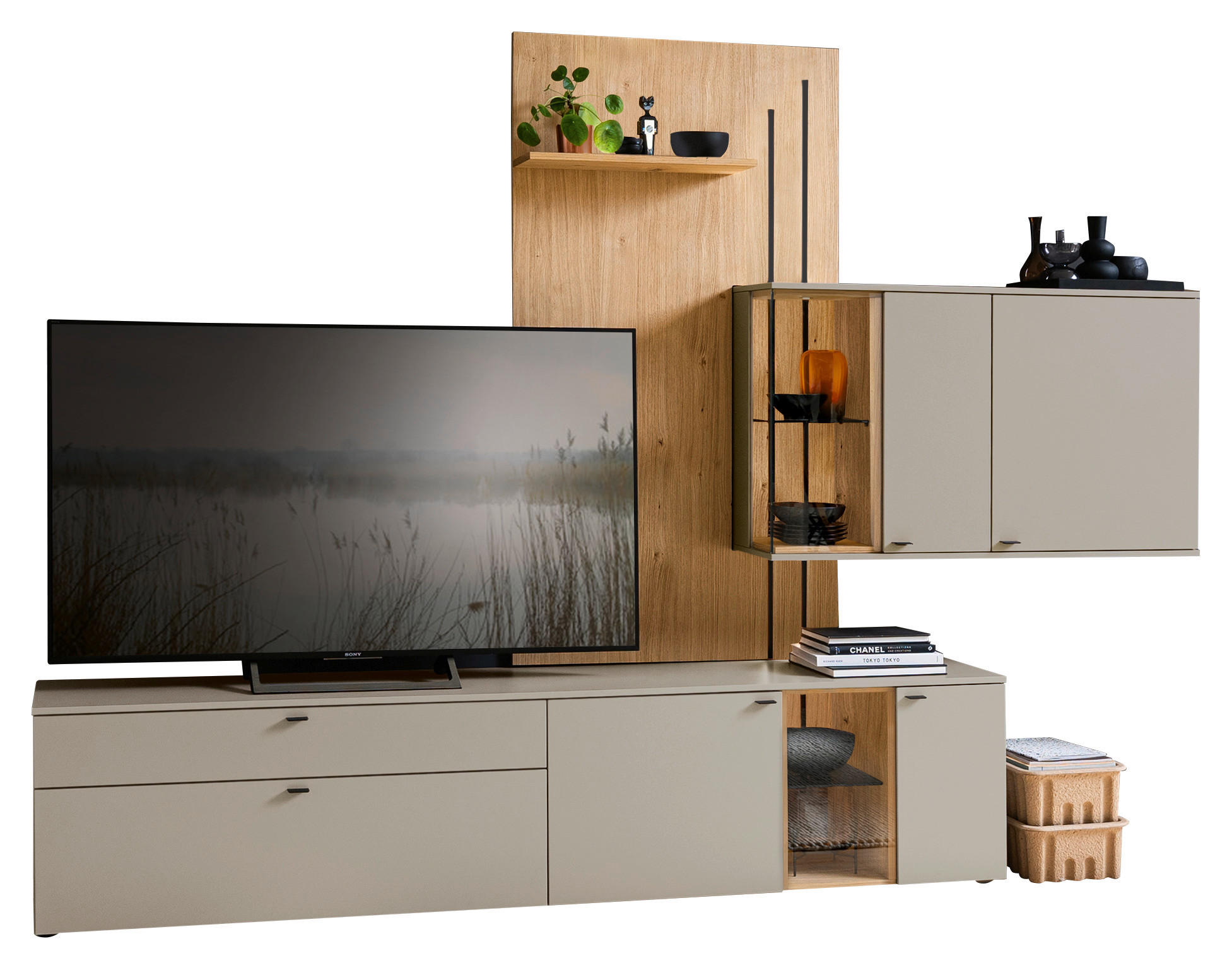 WOHNWAND  Wildeiche, Seidengrau 300/224/43 cm  - Wildeiche/Anthrazit, Design, Glas/Holz (300/224/43cm) - Venjakob