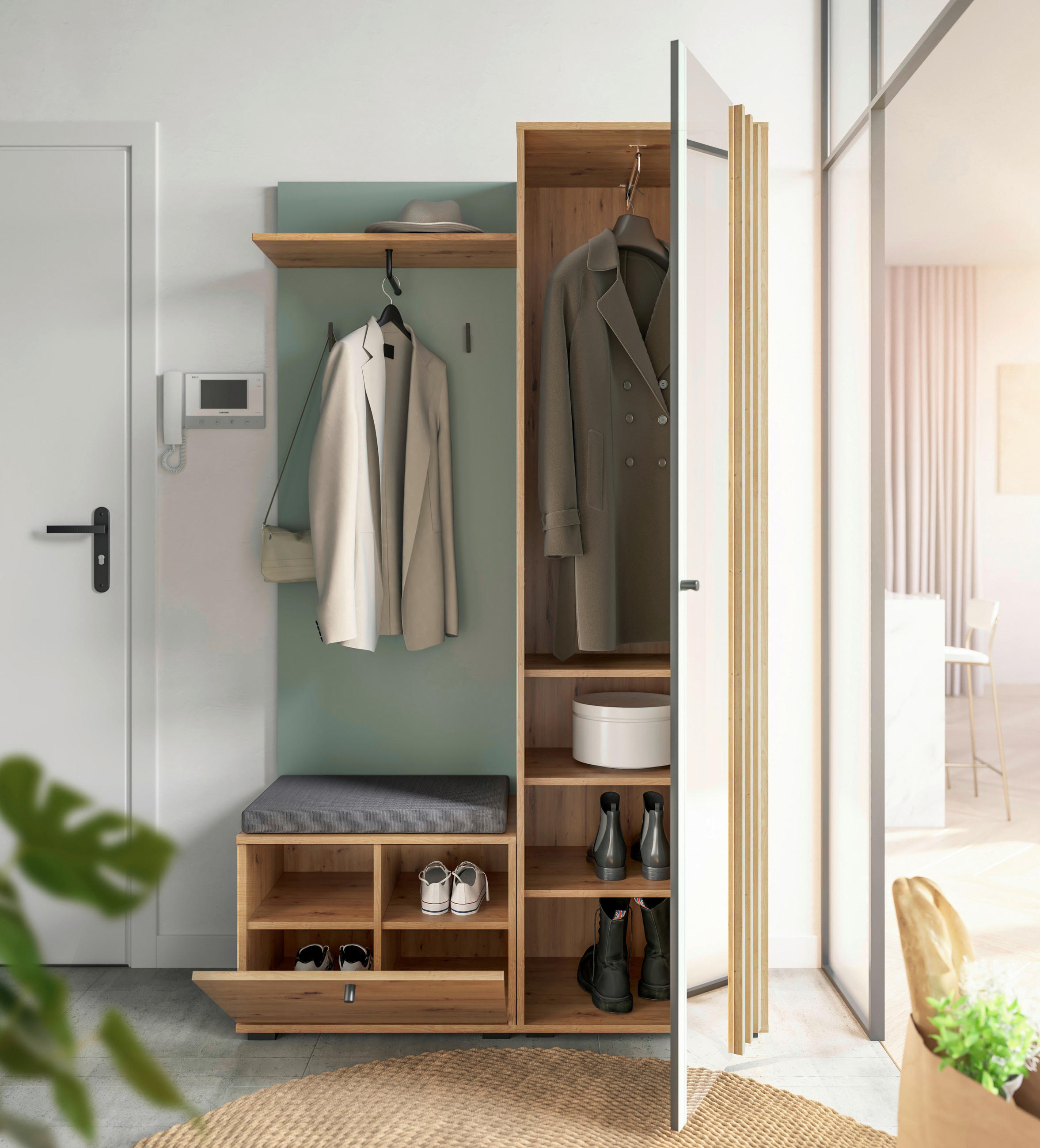 GARDEROBE 5-teilig  in 114/197/40 cm  - Salbeigrün/Eiche Artisan, Design, Glas/Holzwerkstoff (114/197/40cm) - Xora