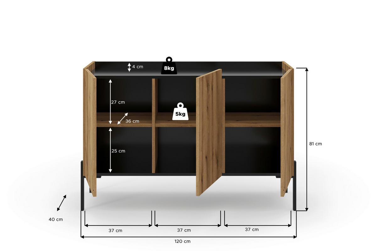 SIDEBOARD  122/81/40 cm  - Eiche dunkel/Schwarz, Design, Holzwerkstoff/Metall (122/81/40cm) - Livetastic