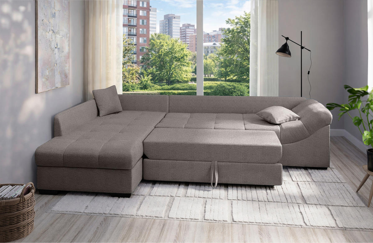 ECKSCHLAFSOFA Alvito in Chenille Graubraun  - Graubraun/Schwarz, MODERN, Holz/Textil (202/298cm) - MID.YOU