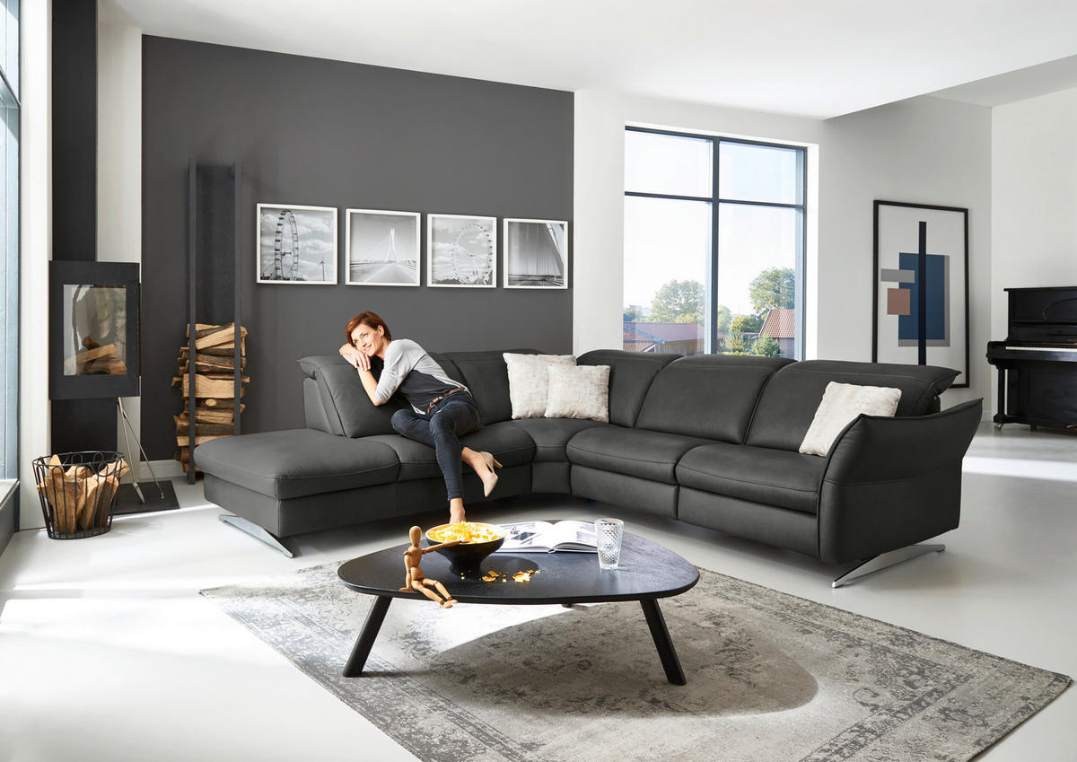 ECKSOFA in Echtleder Schwarz  - Edelstahlfarben/Schwarz, Design, Leder/Metall (258/292cm) - Hukla