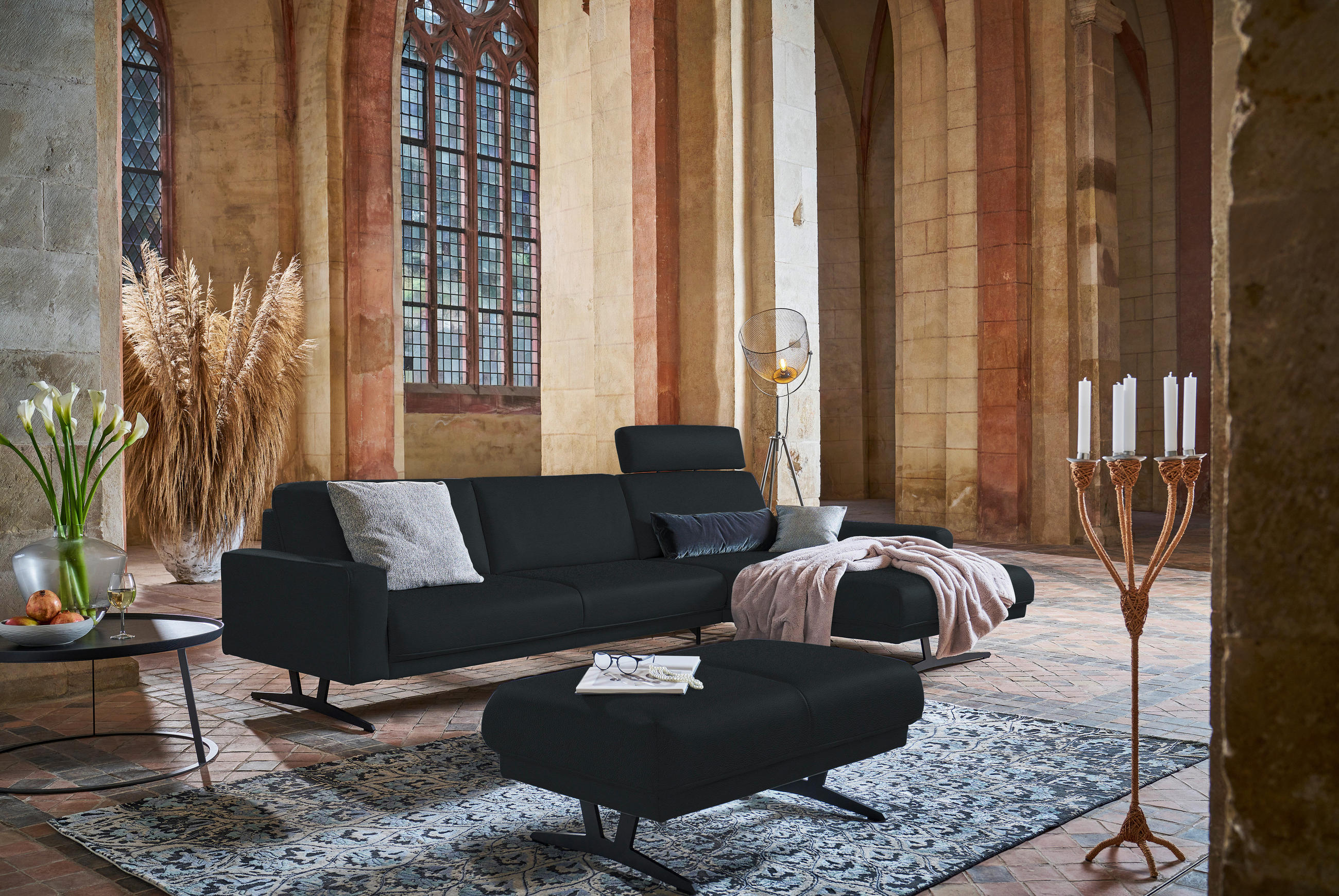 ECKSOFA in Echtleder Anthrazit  - Anthrazit, Konventionell, Leder/Metall (324/179cm) - Johann Jakob
