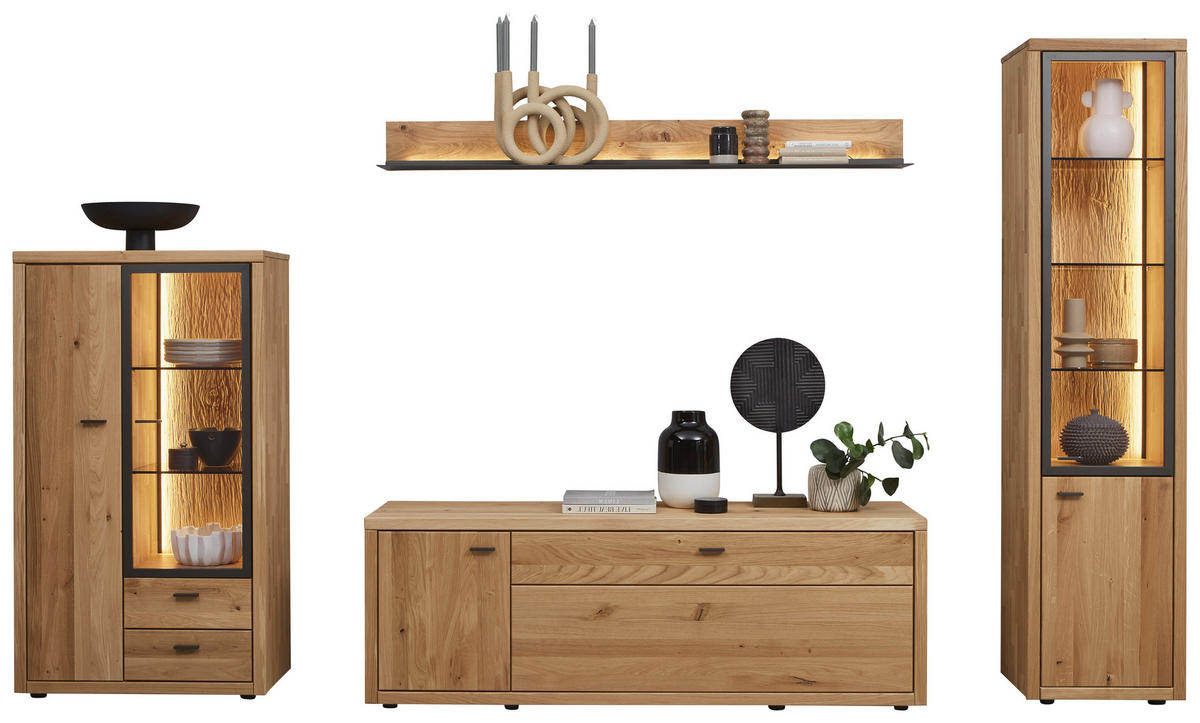 WOHNWAND  in Dunkelgrau, Wildeiche  324/202/45 cm  - Wildeiche/Dunkelgrau, Design, Glas/Holz (324/202/45cm) - Valnatura