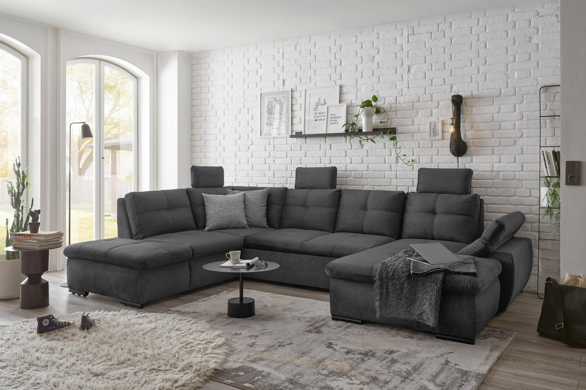 WOHNLANDSCHAFT in Mikrovelours Grau  - Schwarz/Grau, KONVENTIONELL, Kunststoff/Textil (217/334/127cm) - Carryhome