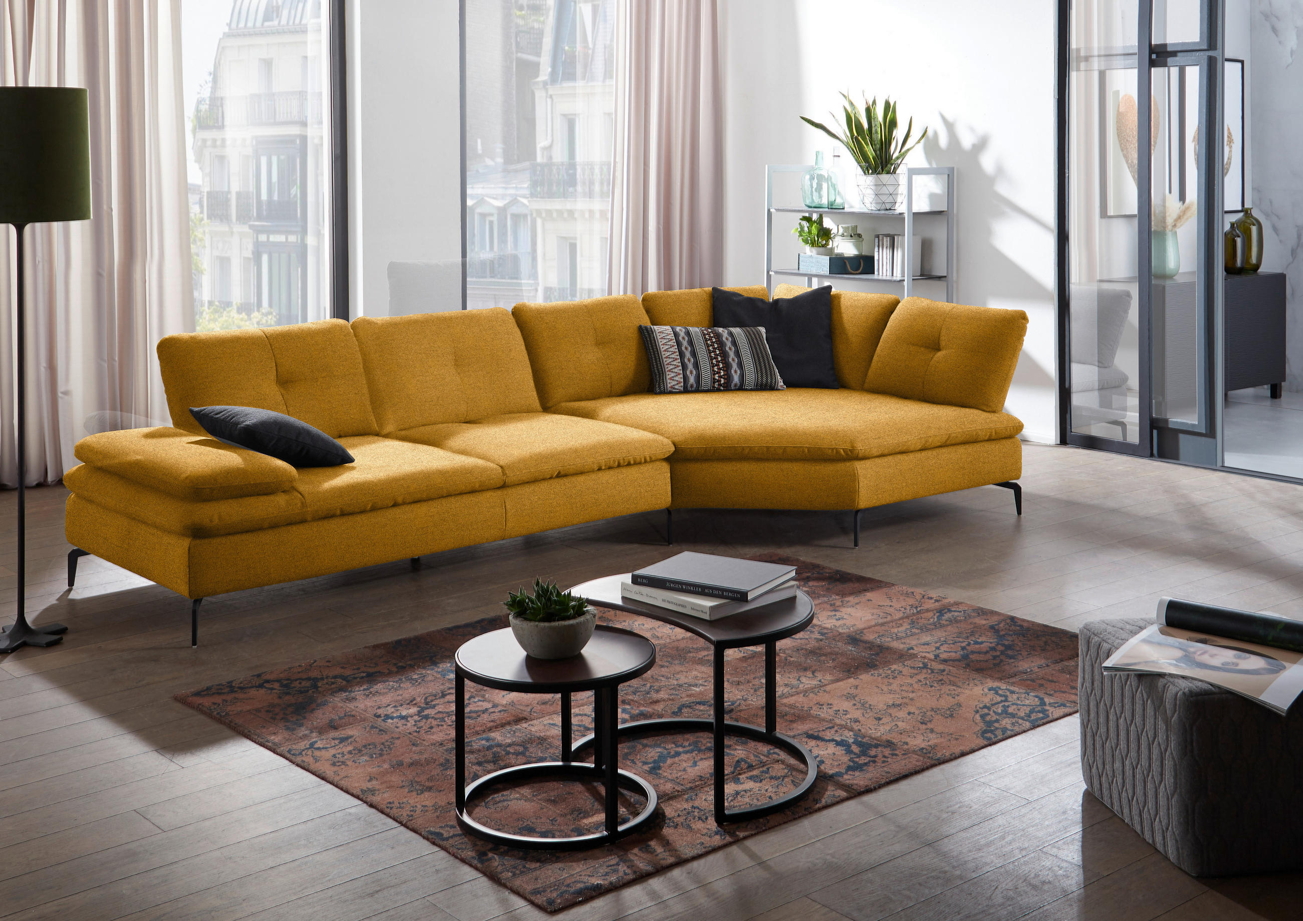 ECKSOFA in Flachgewebe Currygelb  - Currygelb/Schwarz, Design, Textil/Metall (344/157cm) - Chilliano