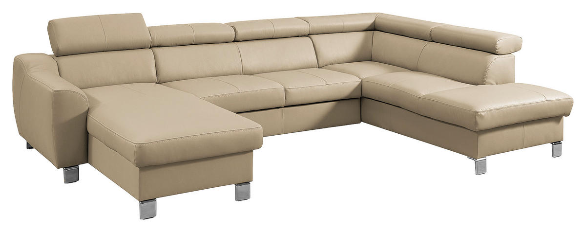 WOHNLANDSCHAFT Beige Echtleder Lederlook  - Chromfarben/Beige, Design, Leder/Textil (175/315/208cm) - Livetastic