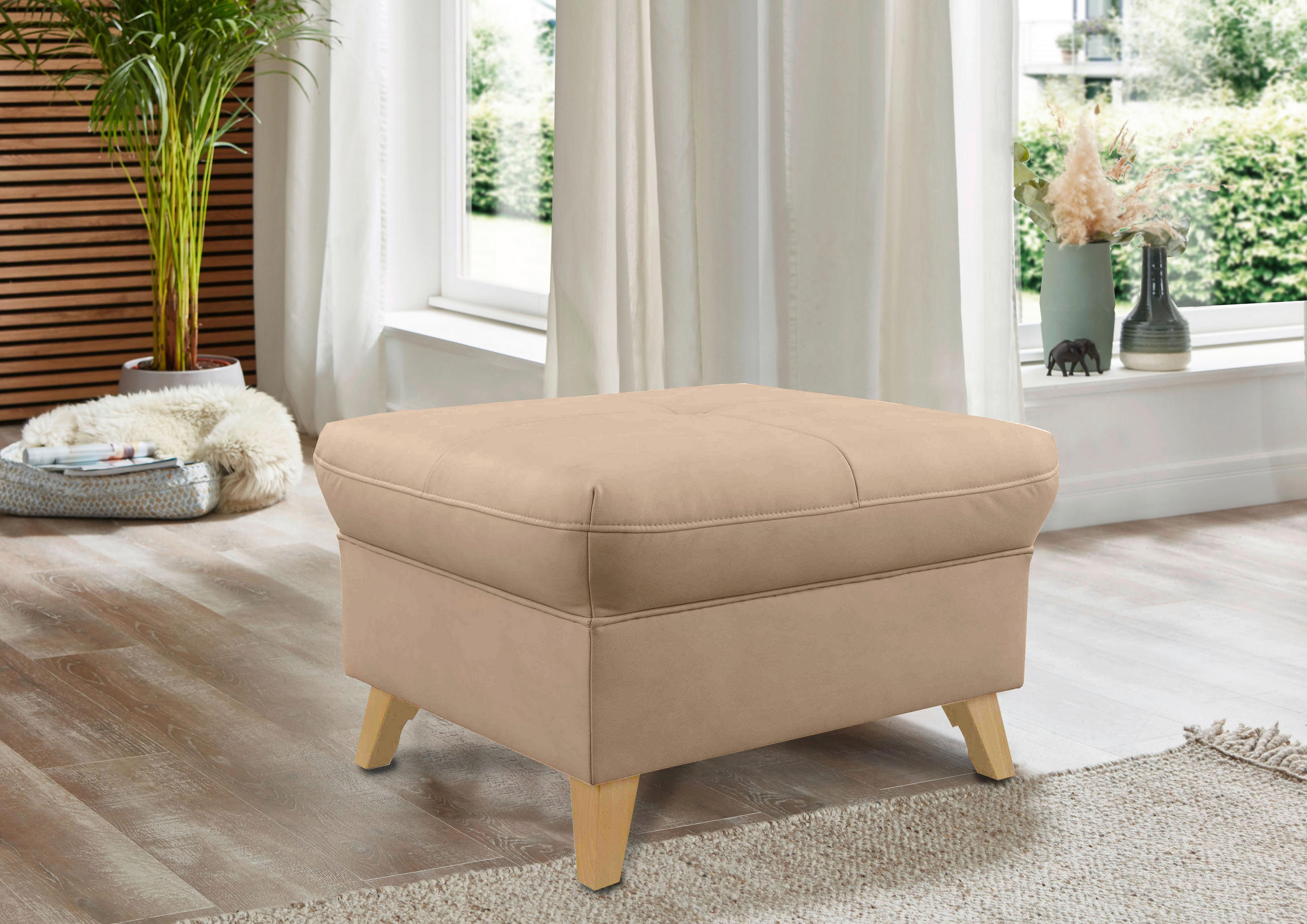 HOCKER Lederlook (vegan) Naturfarben  - Eichefarben/Naturfarben, Design, Holz/Textil (76/47/63cm) - Livetastic
