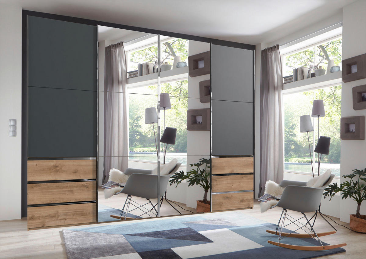 SCHWEBETÜRENSCHRANK 300/236/65 cm 4-türig Graphitfarben, Plankeneiche  - Chromfarben/Plankeneiche, MODERN, Glas/Holzwerkstoff (300/236/65cm) - MID.YOU