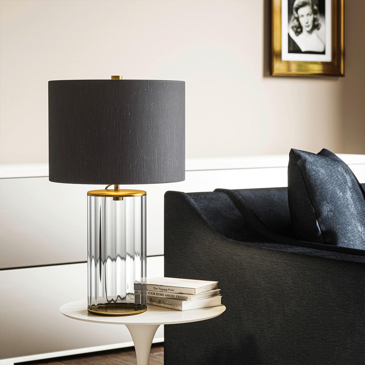TISCHLEUCHTE - Messingfarben/Grau, Design, Glas/Textil (35.5/60.4cm) - Elstead Lighting