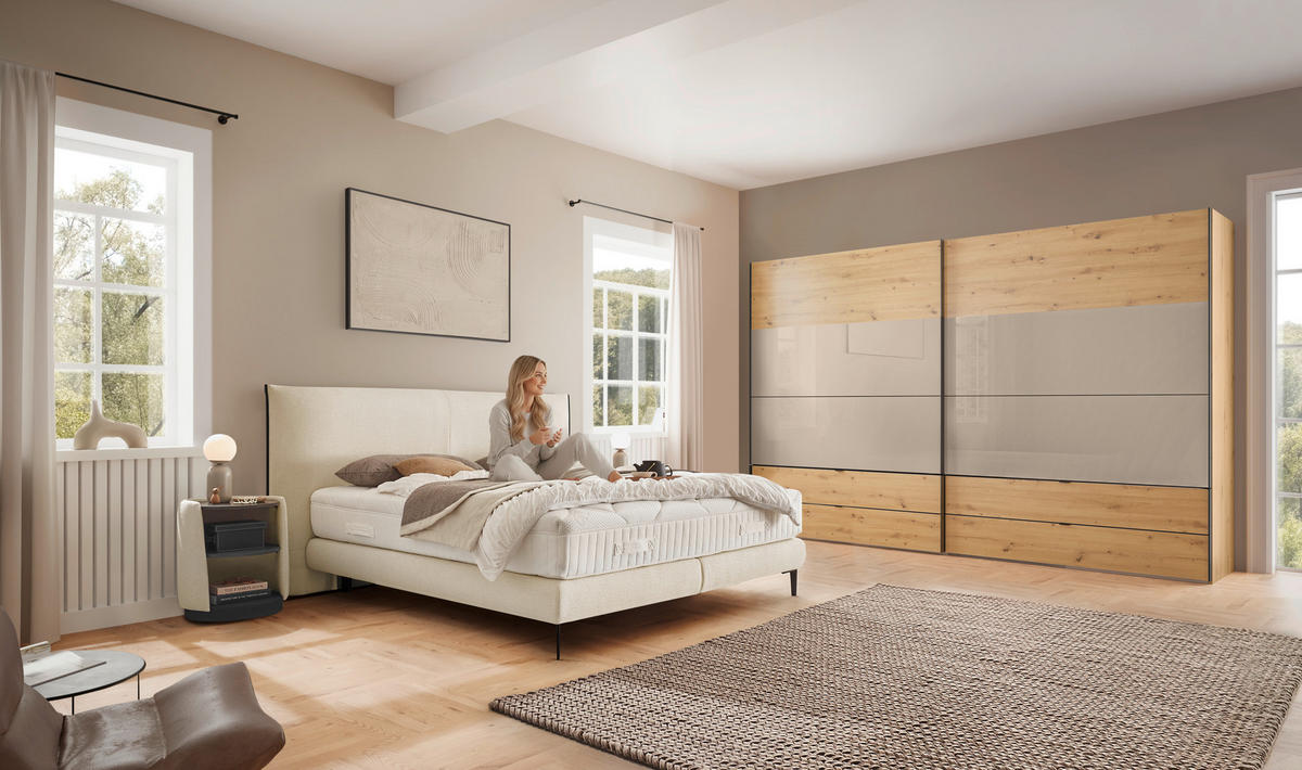 BOXSPRINGBETT 180/200 cm,  in Creme, Matratze, gepolstertes Kopfteil, H2 + H3 = mittel + fest  - Creme/Schwarz, Design, Textil/Metall (180/200cm) - Dieter Knoll