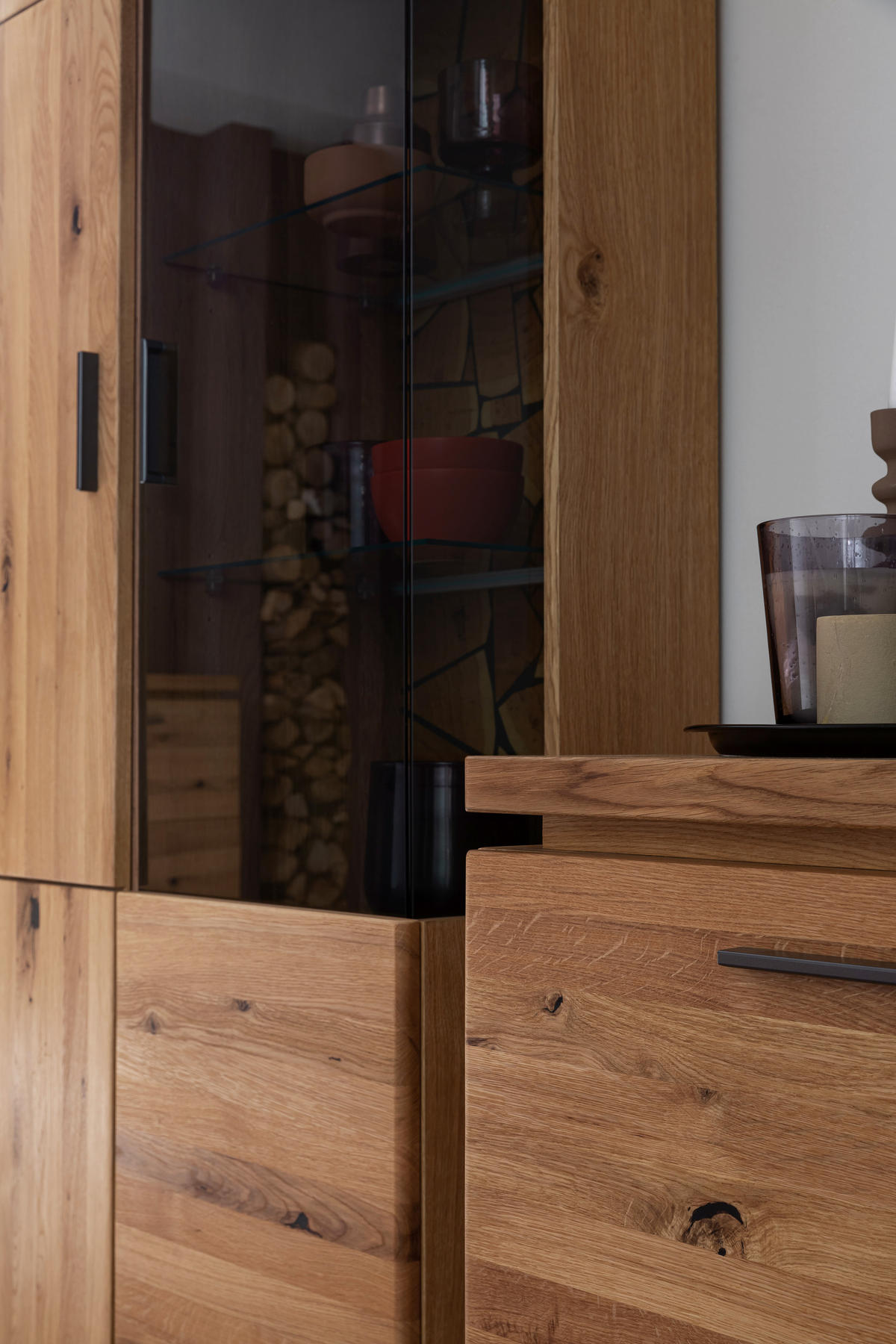WOHNWAND 3-teilig  Eichefarben 300/204/50 cm  LED-Leuchtmittel   - Eichefarben/Schwarz, Natur, Glas/Holz (300/204/50cm) - Linea Natura