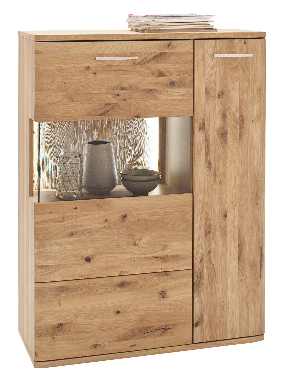 HIGHBOARD ohne Beleuchtung,  in 90/122/37 cm  - Eichefarben/Schwarz, Design, Glas/Holz (90/122/37cm) - Livetastic