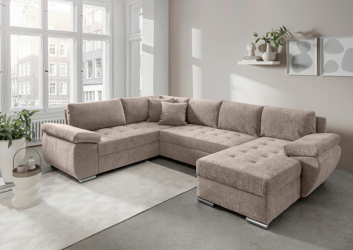 Wohnlandschaft Beige Mikrofaser  - Chromfarben/Beige, KONVENTIONELL, Textil (219/305/157cm) - Livetastic