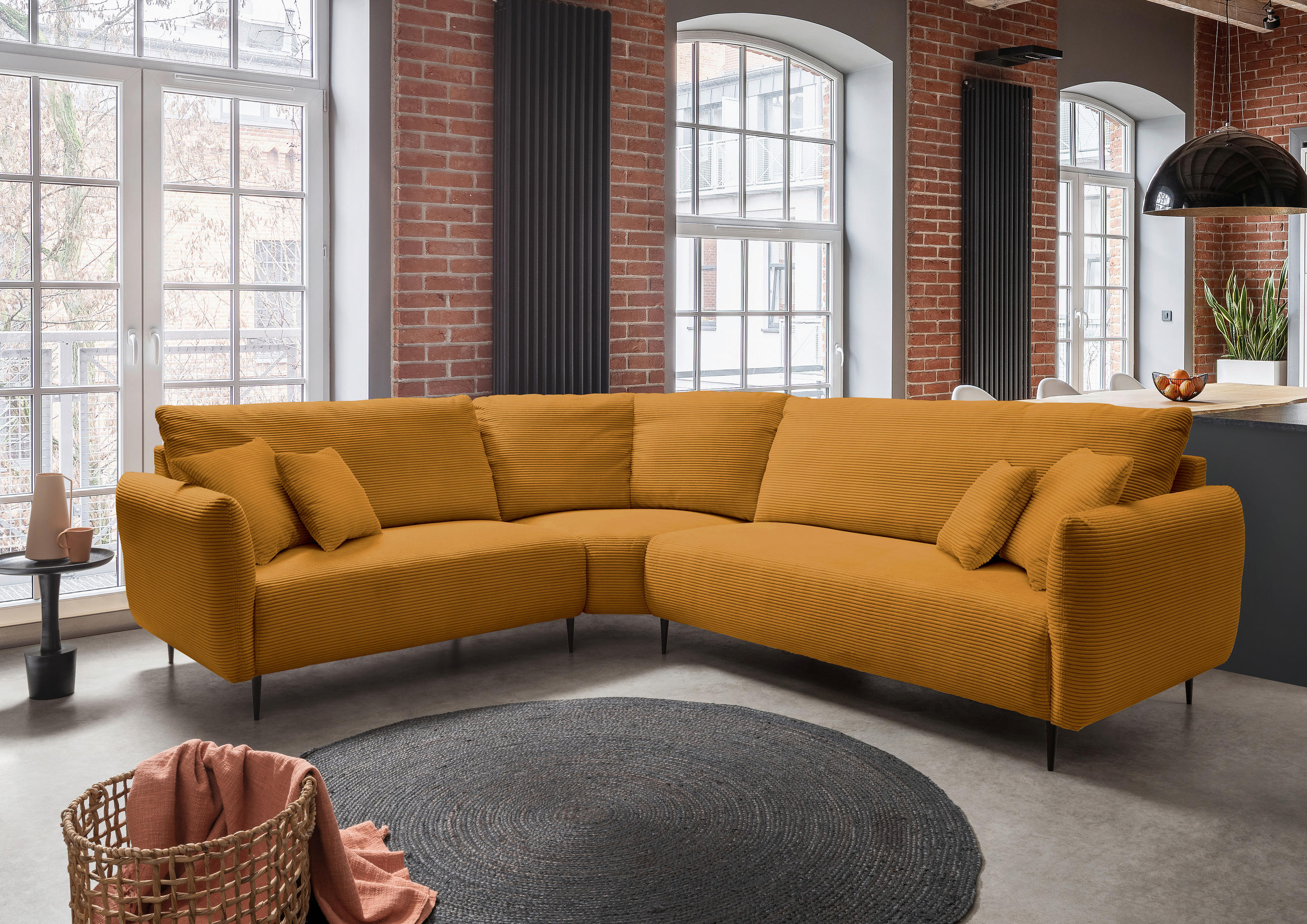 ECKSOFA in Cord Goldfarben - Goldfarben/Schwarz, Design, Textil/Metall (256/294cm) - Livetastic