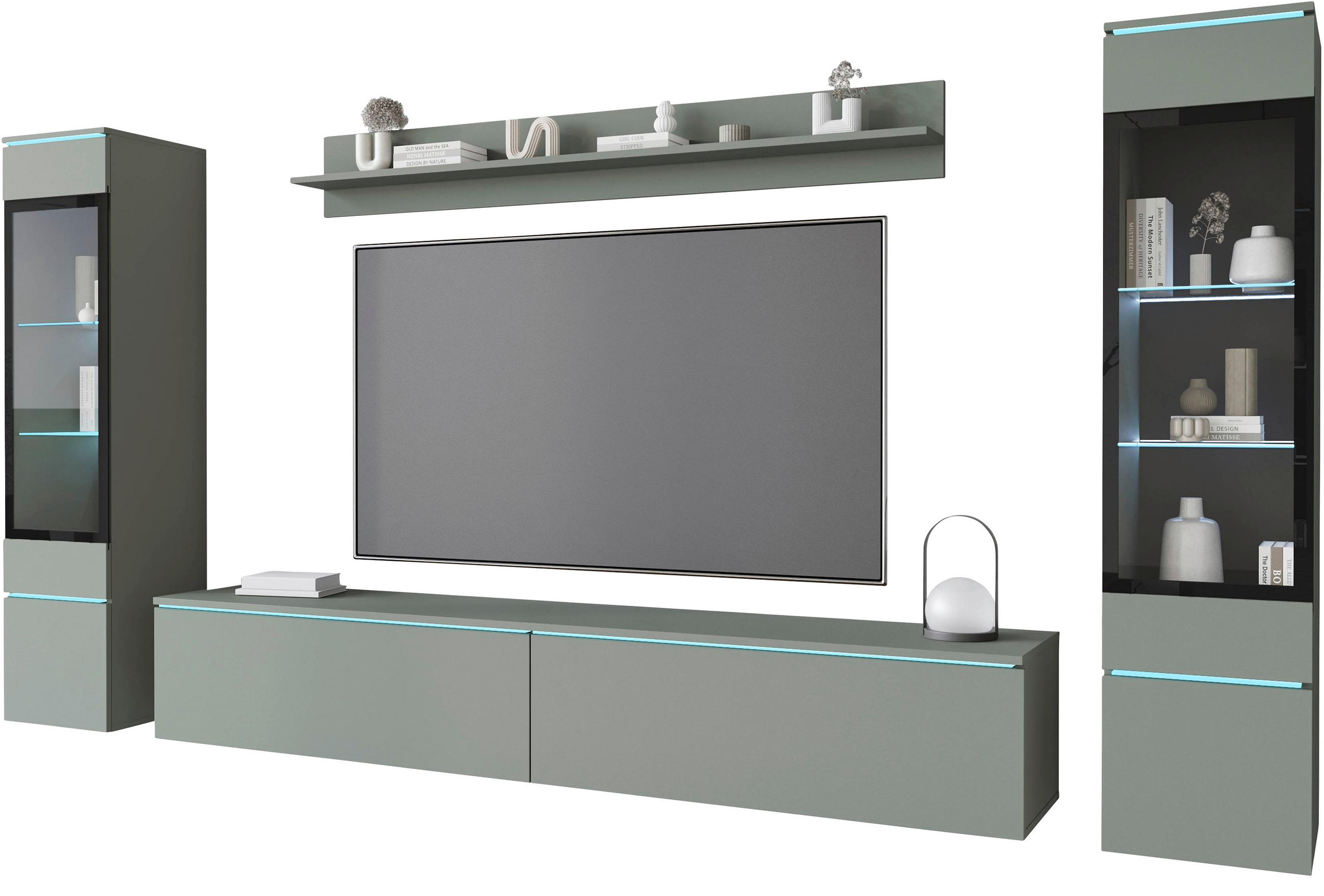 WOHNWAND 4-teilig  in Grün  - Grau/Grün, Trend, Glas/Holzwerkstoff (240/130/33cm)