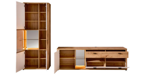 WOHNWAND 2-teilig in Weiß, Eiche Wotan 305/204/45 cm - Anthrazit/Eiche Wotan, MODERN, Glas/Holzwerkstoff (305/204/45cm) - Xora