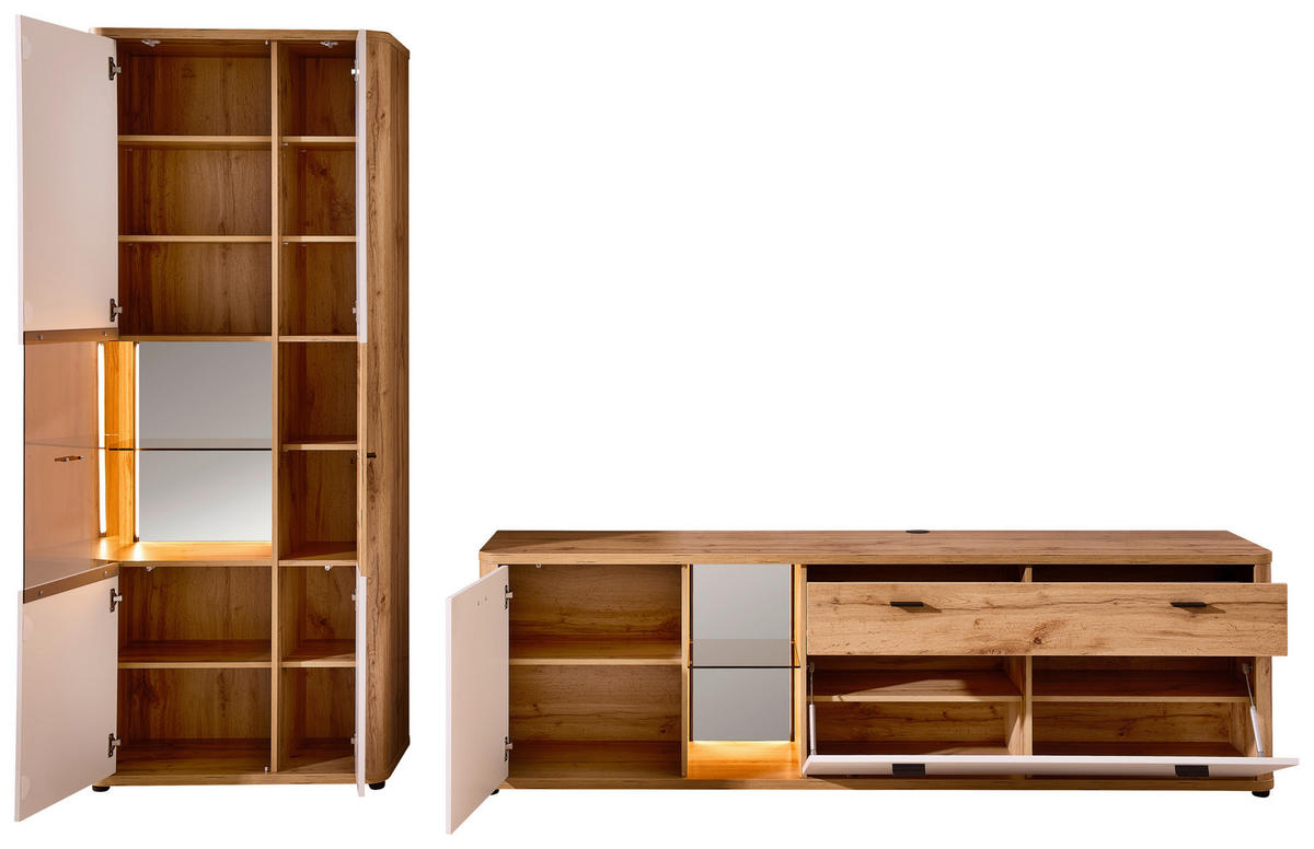 WOHNWAND 2-teilig  in Weiss, Eiche Wotan 305/204/45 cm  - Weiss/Anthrazit, Modern, Glas/Holzwerkstoff (305/204/45cm) - Stylife