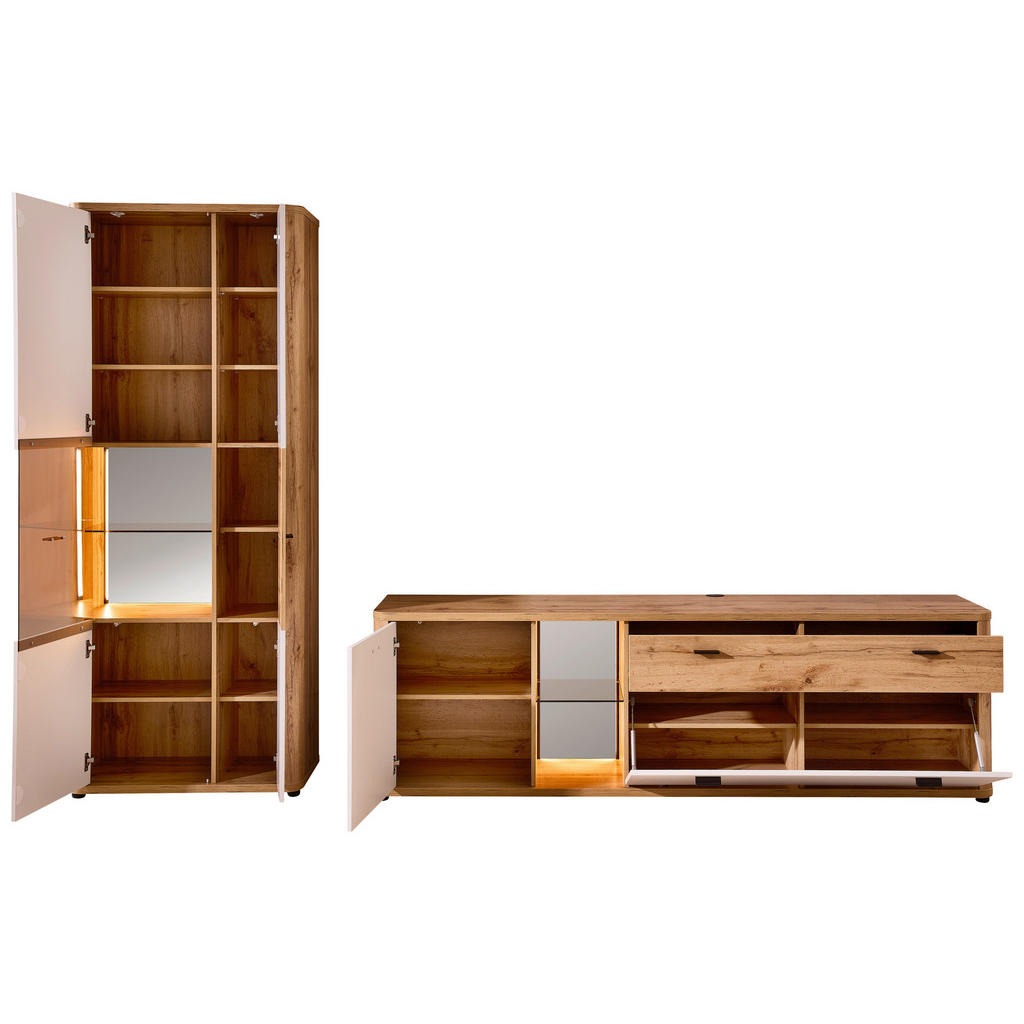 Thumbnail - Xora Wohnwand, Weiß, Eiche Wotan, Metall, 2-teilig, 11 Fächer, 1 Schubladen, 305x204x45 cm, Wohnzimmer, Wohnwände, Anbau...