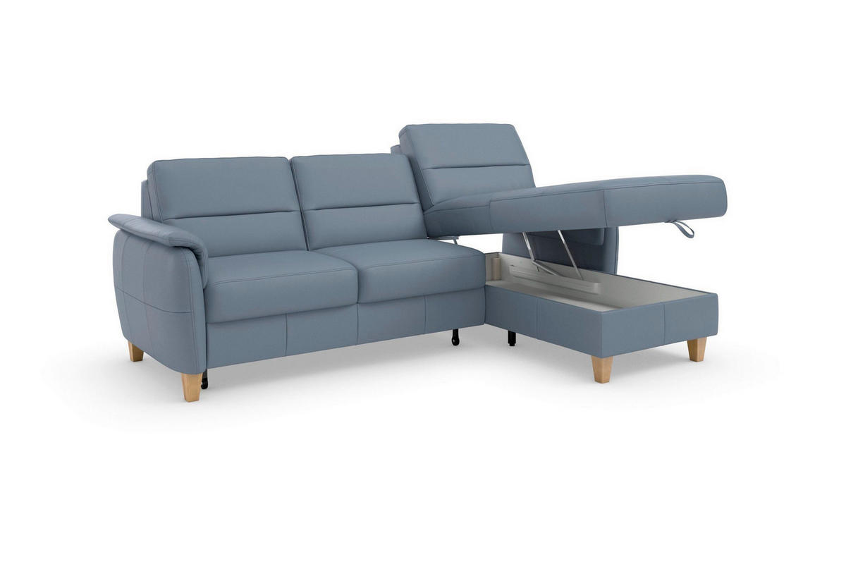 ECKSOFA PALMERA E Graublau Kombination Echtleder/Stoff Mikrofaser Bettkasten  - Graublau/Eichefarben, Basics, Leder/Holz (244/163cm) - Sit & More