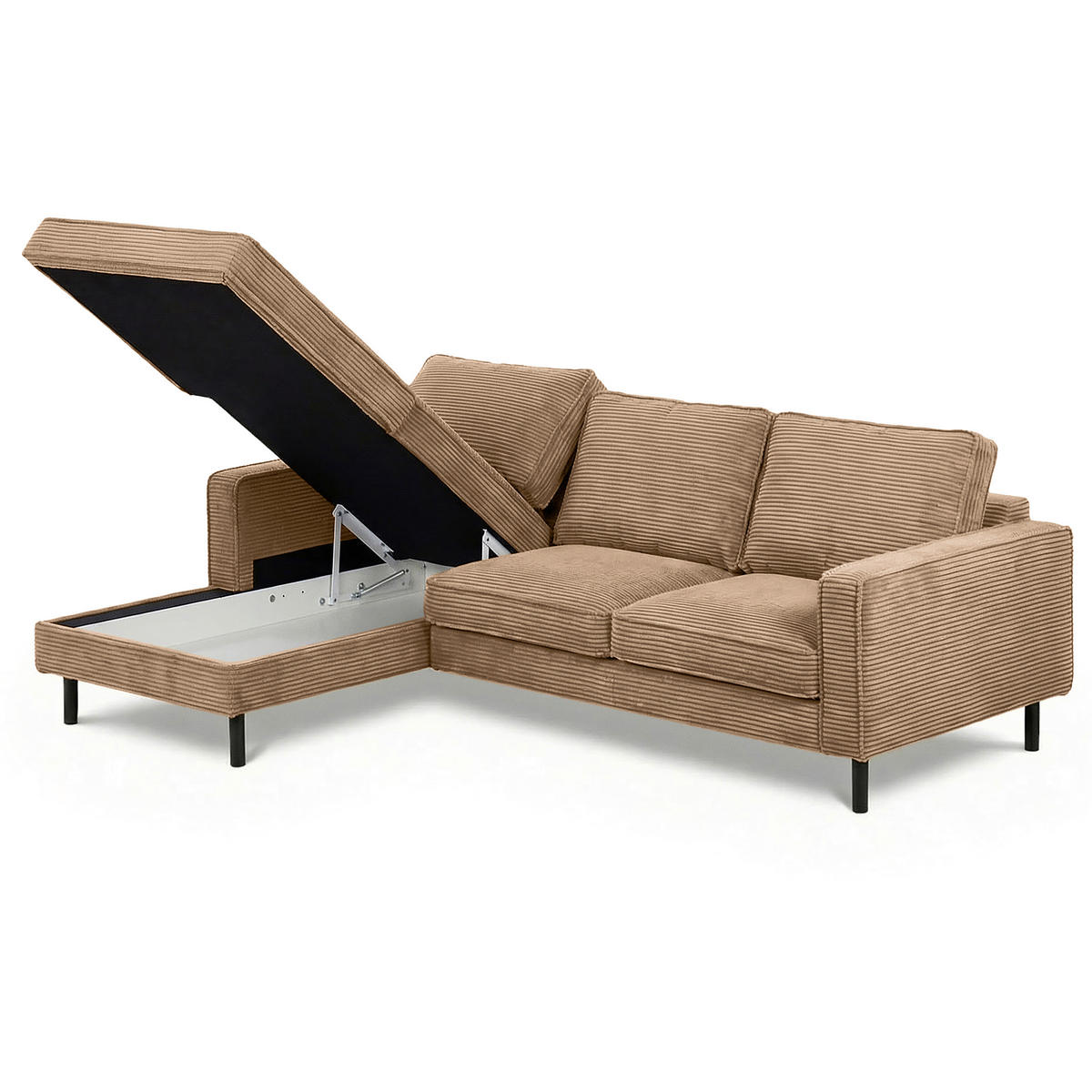 ECKSOFA Hellbraun Cord Bettkasten, Schlaffunktion, Rücken echt  - Hellbraun/Schwarz, Design, Textil/Metall (166/238cm) - Livetastic