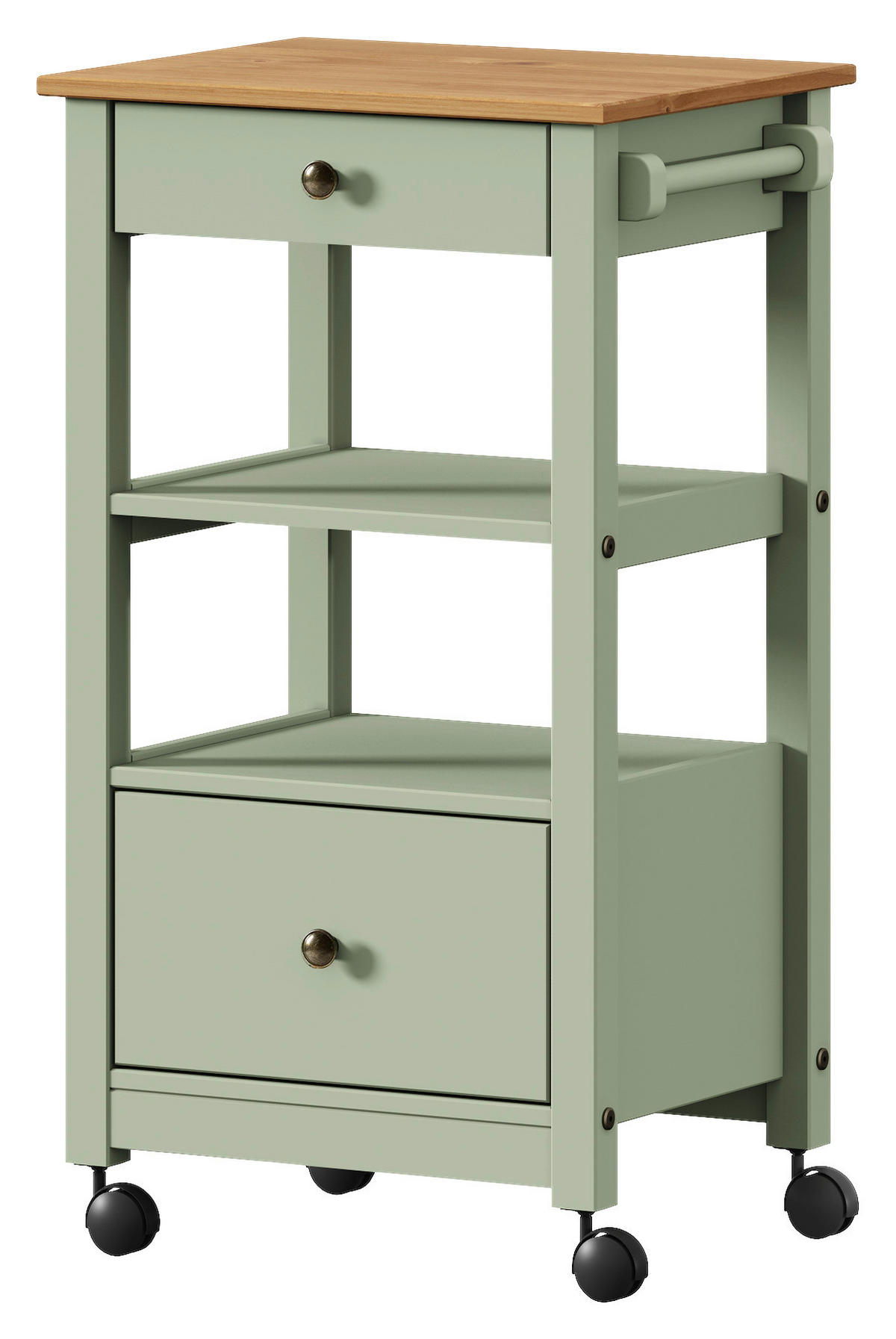 SERVIERWAGEN Pinie massiv Braun, Olivgrün  - Zinkfarben/Olivgrün, MODERN, Holz/Kunststoff (50/90,6/40cm) - Livetastic