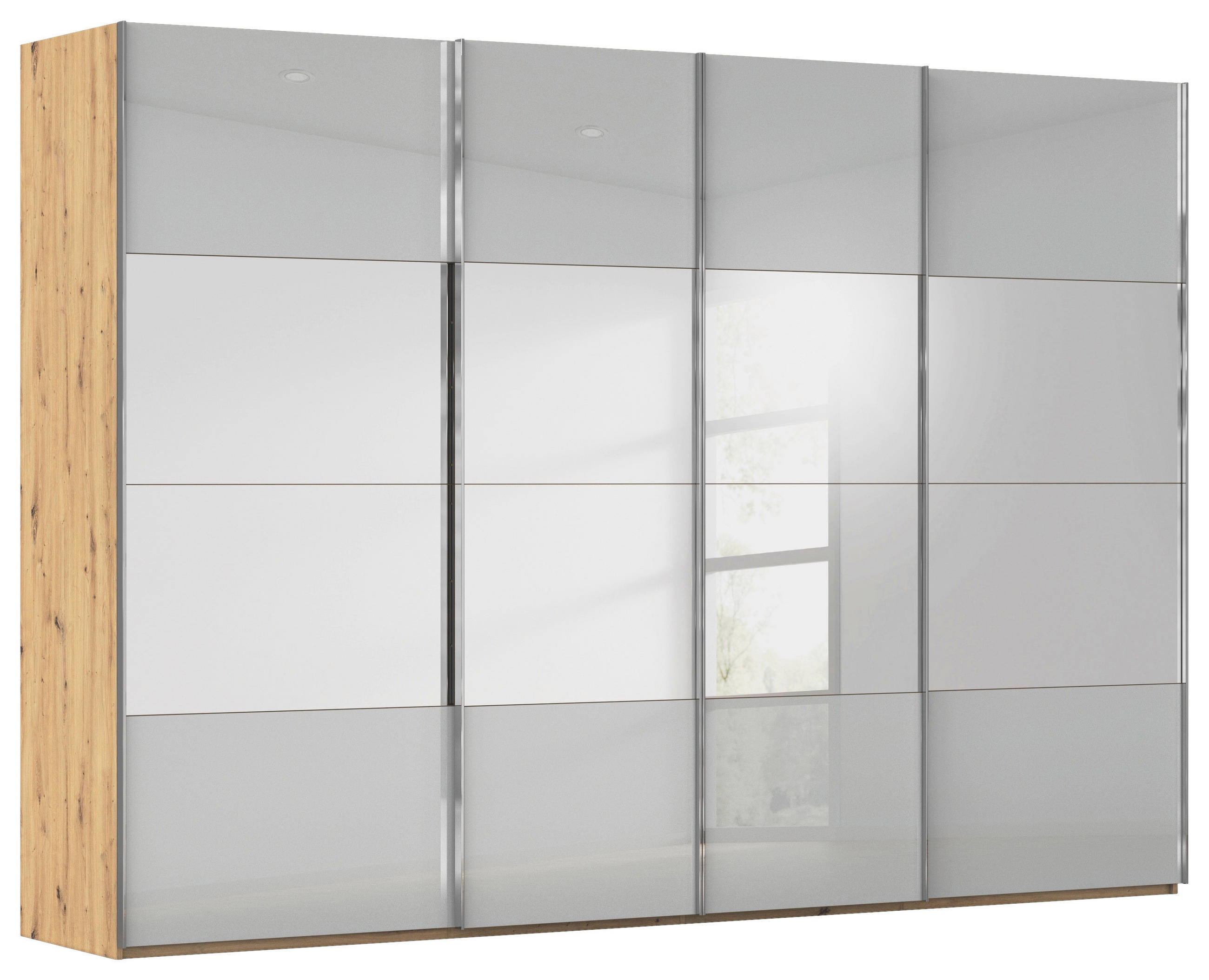 SCHWEBETÜRENSCHRANK Eiche Artisan, Seidengrau  - Chromfarben/Seidengrau, Design, Glas/Holzwerkstoff (316/235/68cm) - Novel