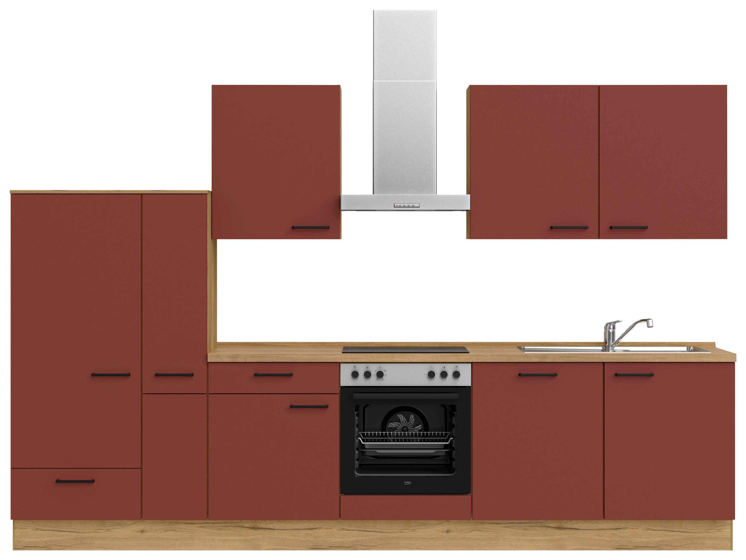 KÜCHENBLOCK 330 cm   in Eichefarben, Dunkelrot  - Eichefarben/Schwarz, MODERN, Holzwerkstoff/Metall (330cm) - Nobilia