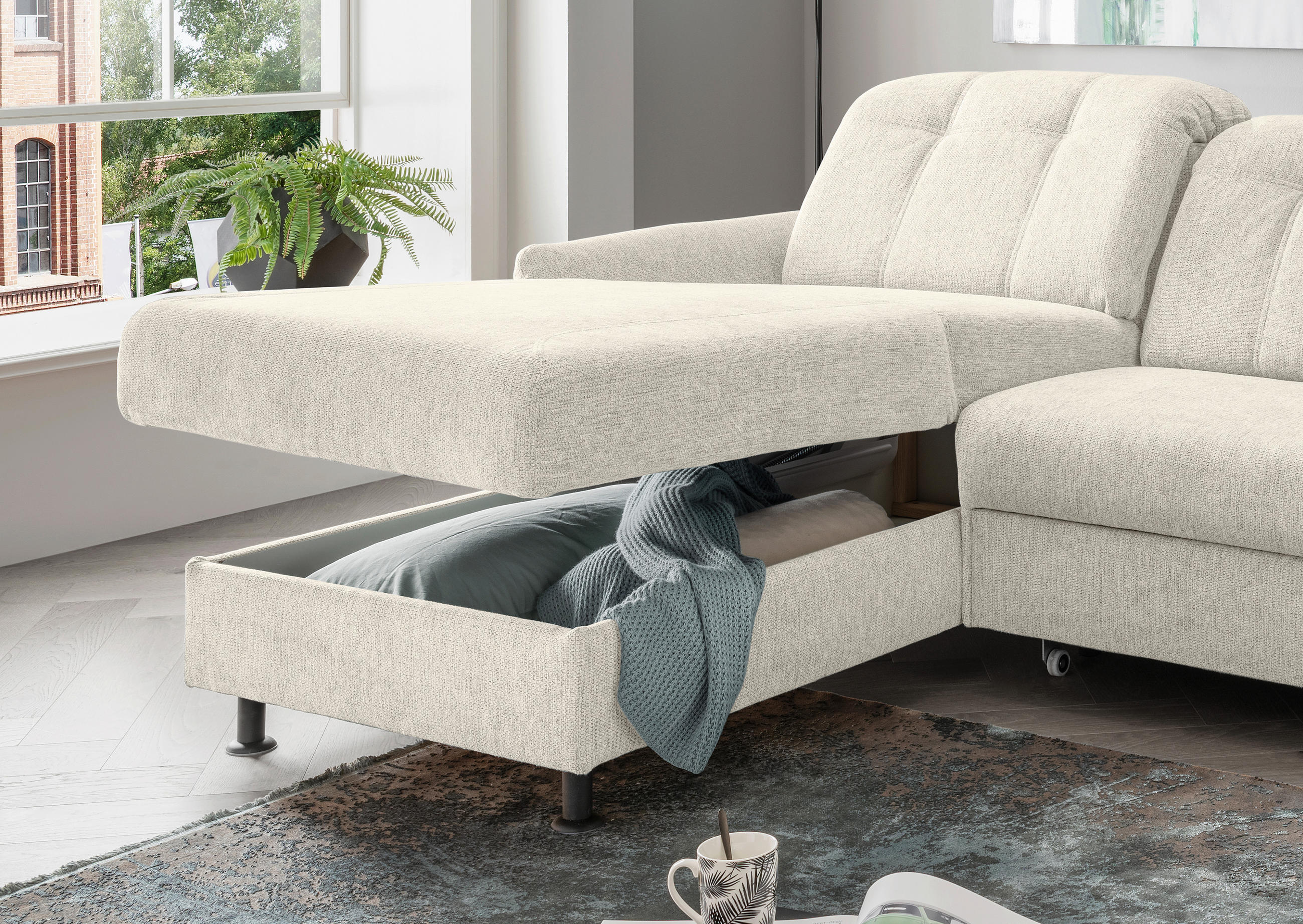 Thumbnail - Livetastic Ecksofa, Beige, Textil, Uni, 4-Sitzer, Ottomane links, L-Form, 267x184 cm, Made in EU, Liegefunktion, seitenv...