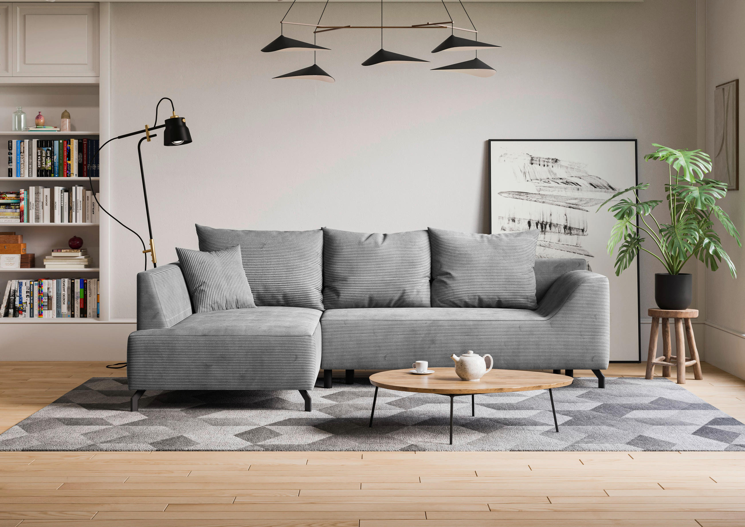 ECKSCHLAFSOFA  mit Bettkasten erhältlich, seitenverkehrt erhältlich, Schlafen auf Sitzhöhe, Bettfunktion erhältlich, Rücken echt Cord Hellgrau  - Hellgrau/Schwarz, Design, Textil/Metall (167/273cm) - MID.YOU