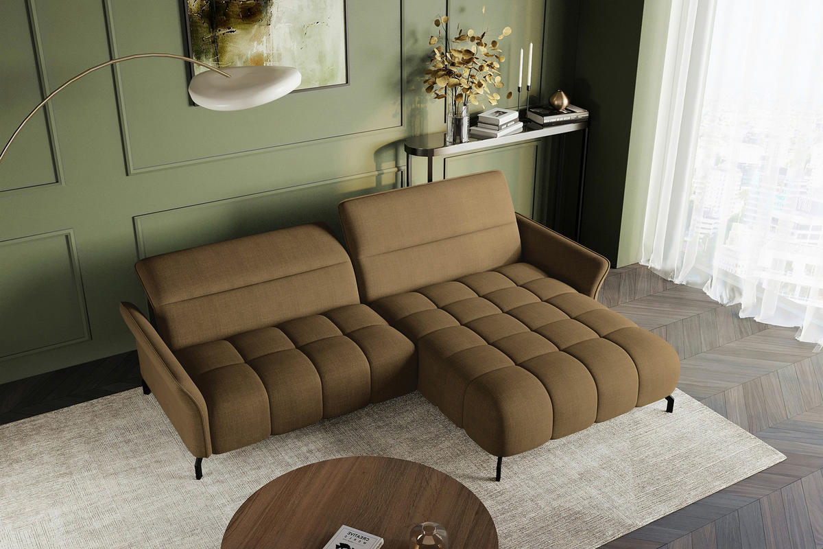 ECKSOFA  in Flachgewebe Olivgrün Rücken echt, Kopfteilverstellung, Sitztiefenverstellung  272/175 cm  - Schwarz/Olivgrün, KONVENTIONELL, Textil/Metall (272/175cm) - Carryhome