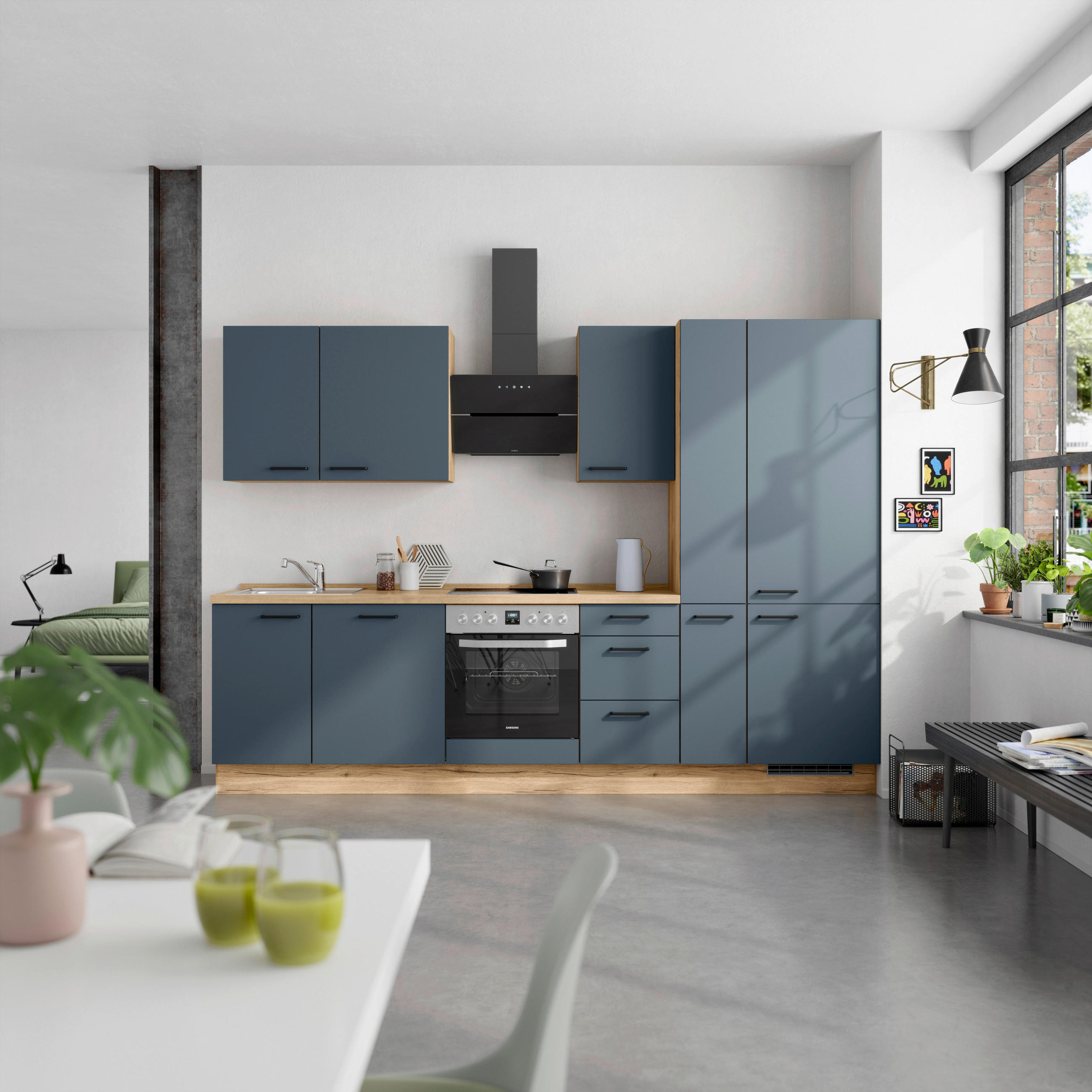 KÜCHENBLOCK 300 cm   in Eichefarben, Dunkelblau  - Eichefarben/Schwarz, MODERN, Holzwerkstoff/Metall (300cm) - Nobilia