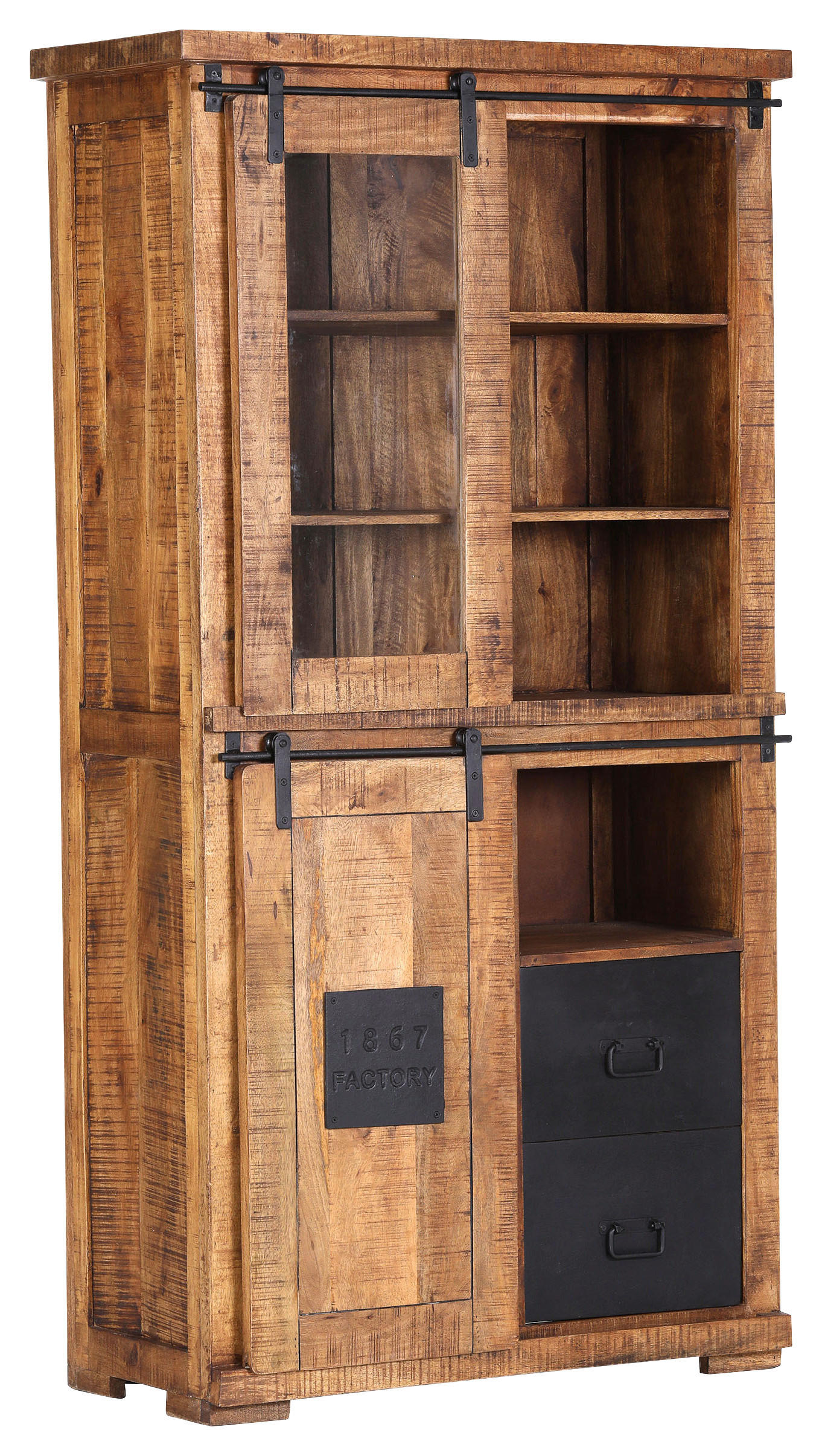 VITRINEmassiv Mangoholz Naturfarben, Schwarz  - Schwarz/Naturfarben, Romantik / Landhaus, Glas/Holz (100/190/45cm) - Landscape