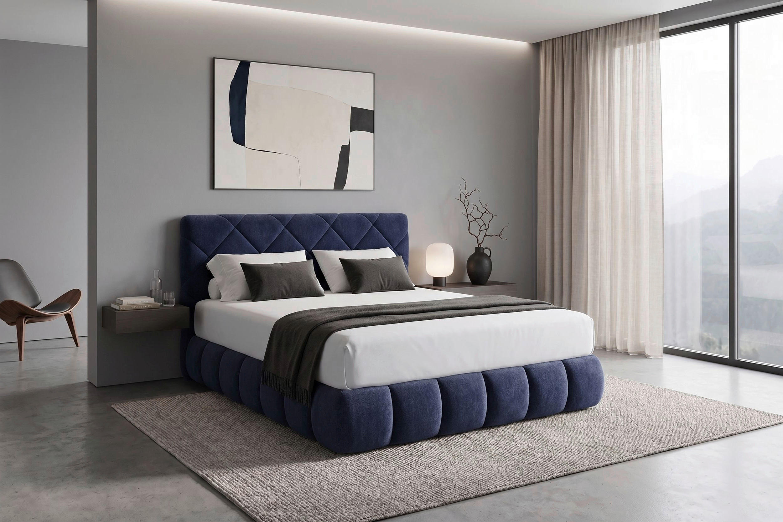 BOXBETT 180/200 cm,  in Dunkelblau, gepolstertes Kopfteil, Bettkasten, Topper, Matratzen, H3 + H3 = fest  - Schwarz/Dunkelblau, Design, Kunststoff/Textil (180/200cm) - Chameo