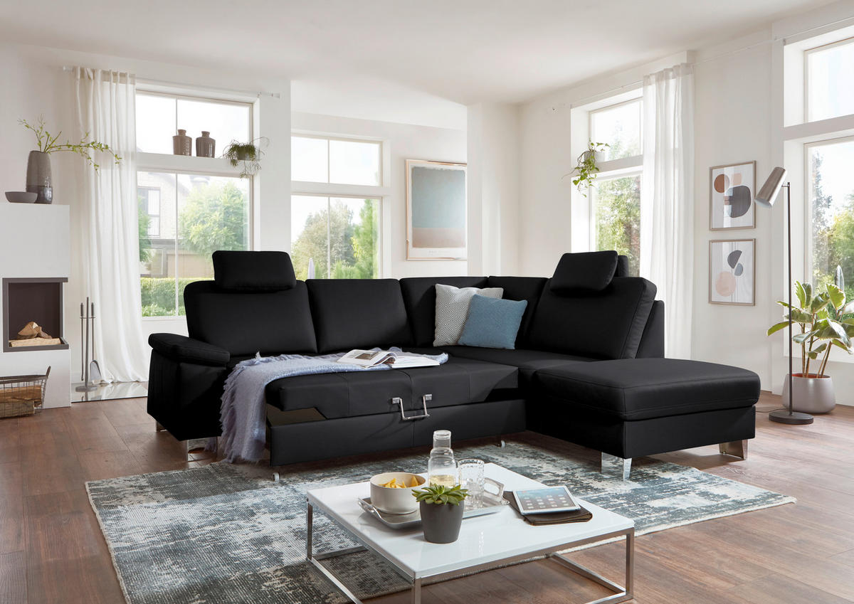 ECKSOFA  in Echtleder Schwarz  248/235 cm  - Alufarben/Schwarz, Design, Leder/Metall (248/235cm) - Beldomo Premium