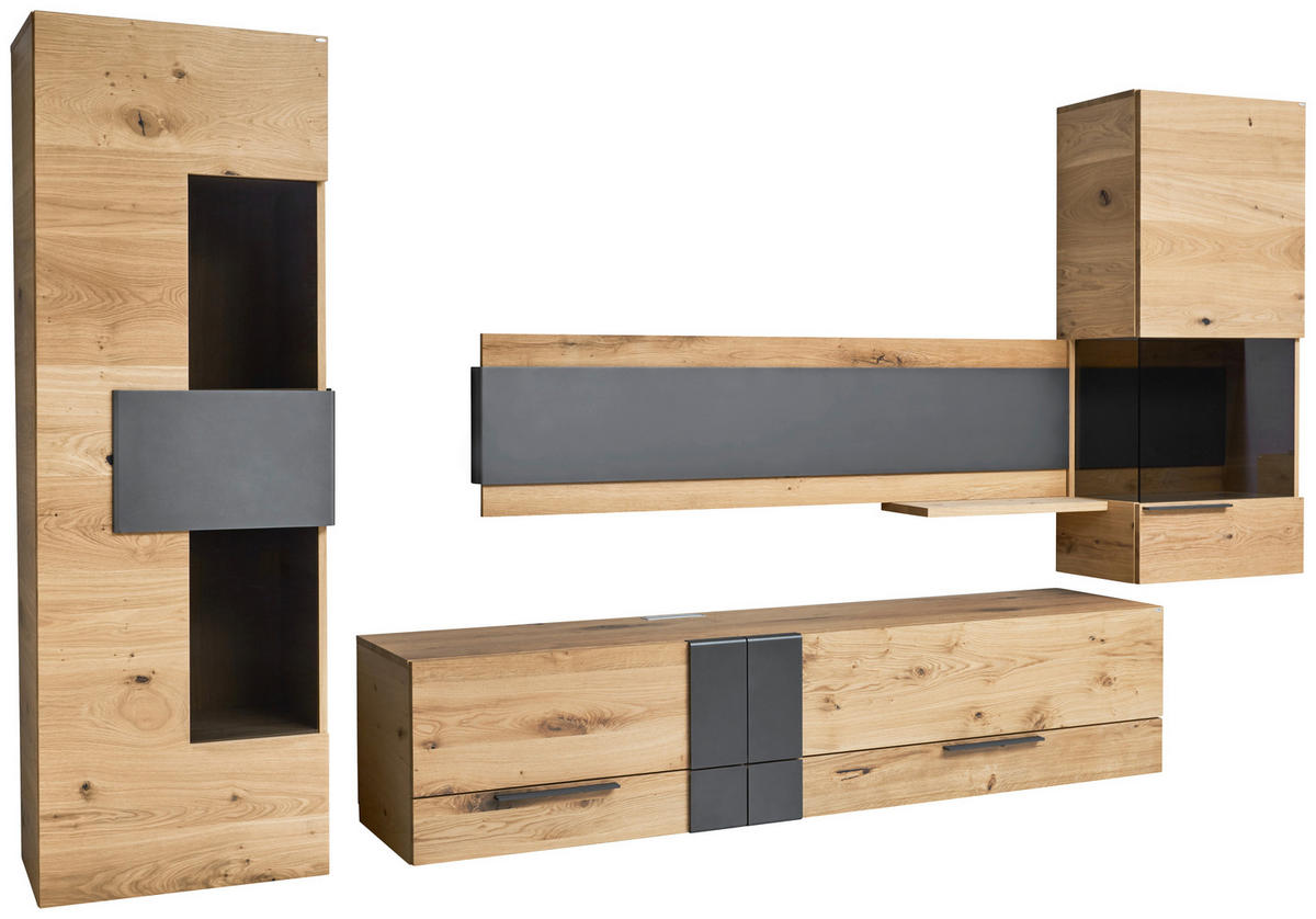 WOHNWAND  in Anthrazit, Eichefarben 384/198/48 cm  - Eichefarben/Anthrazit, Natur, Glas/Holz (384/198/48cm) - Voglauer