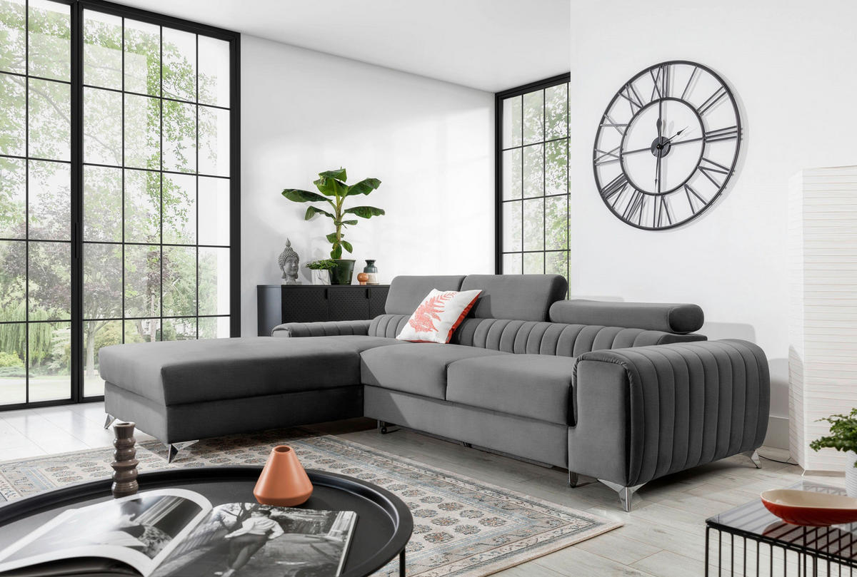ECKSOFA in Samt Grau  205/278 cm  - Silberfarben/Grau, Design, Textil/Metall (205/278cm) - MID.YOU