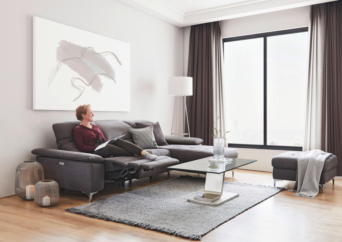 ECKSOFA Anthrazit Mikrofaser  - Chromfarben/Anthrazit, Design, Textil/Metall (280/184cm) - Pure Home Comfort