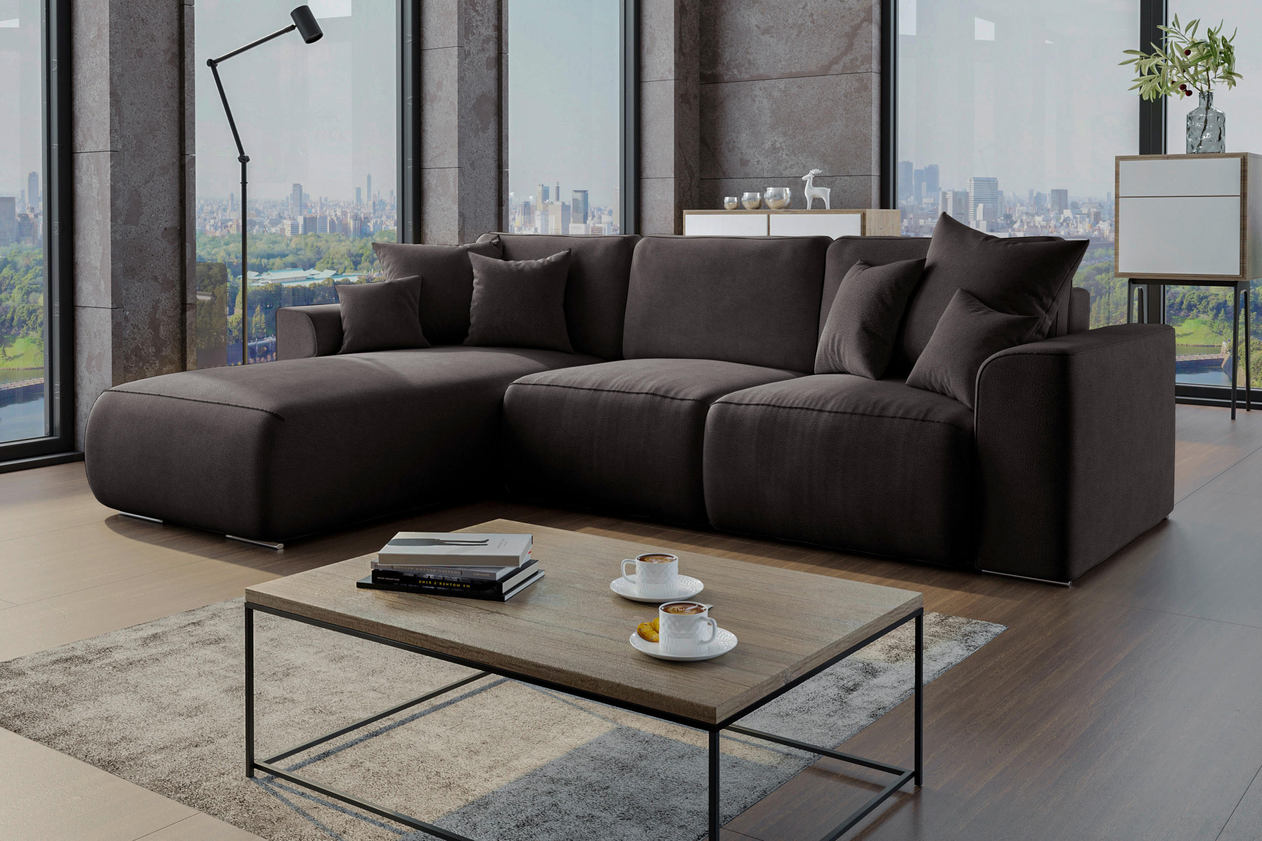 ECKSOFA Dunkelbraun Lederlook  - Chromfarben/Dunkelbraun, KONVENTIONELL, Kunststoff/Textil (195/293cm) - Carryhome