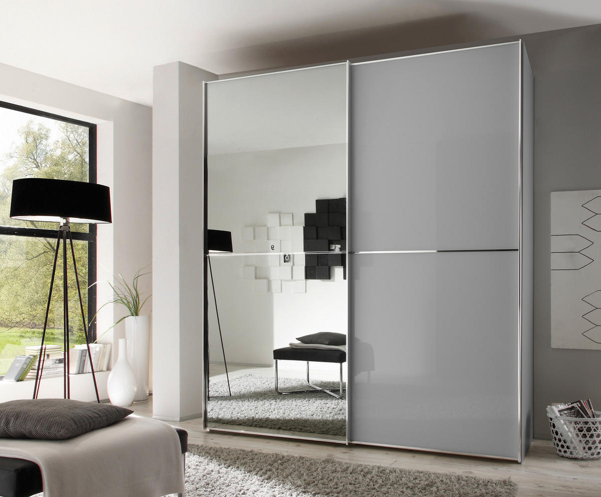 SCHWEBETÜRENSCHRANK 2-türig Hellgrau  - Chromfarben/Hellgrau, Design, Glas/Holzwerkstoff (200/222/68cm) - Moderano