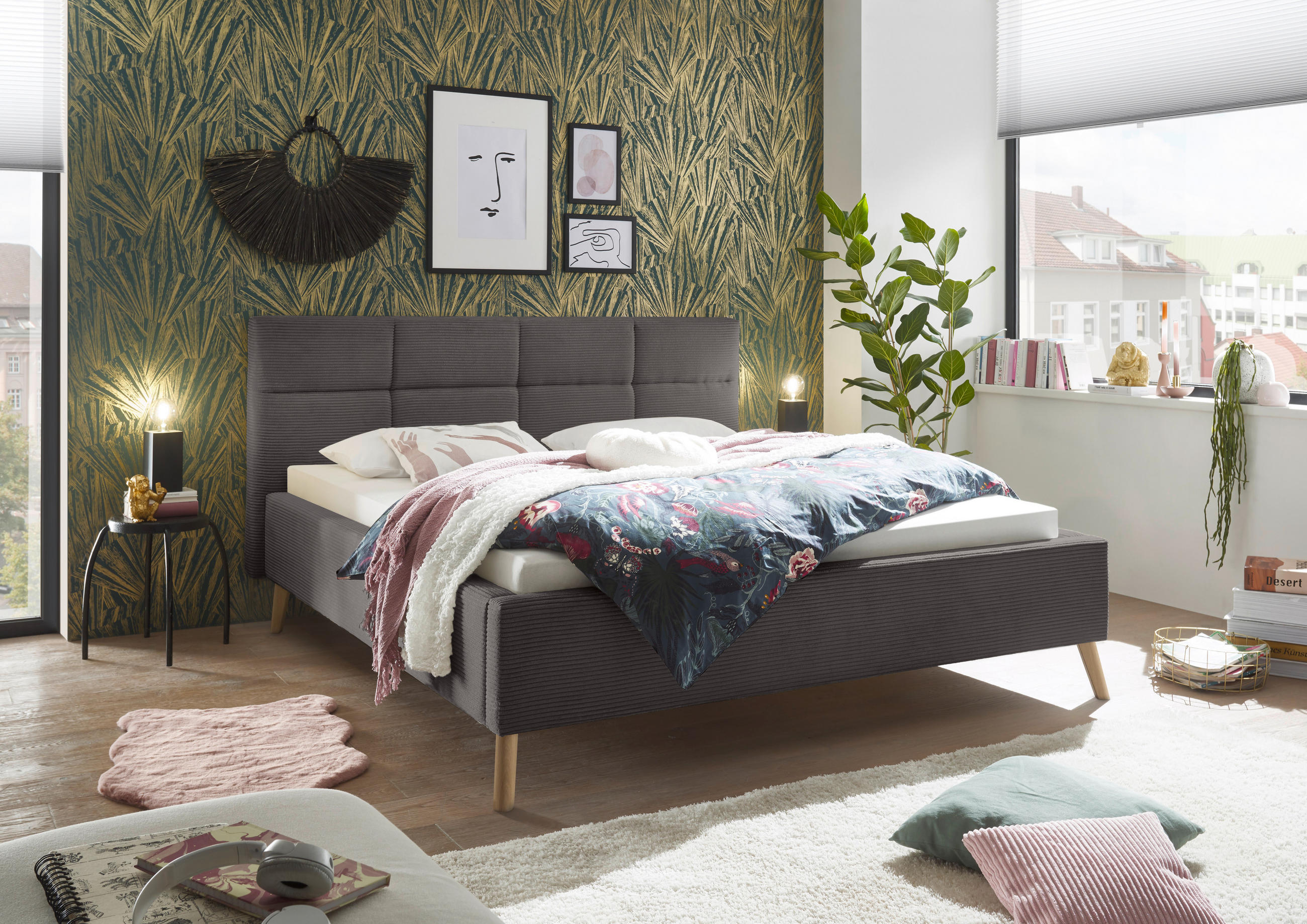 POLSTERBETT 180/200 cm,  in Grau,  - Eichefarben/Grau, KONVENTIONELL, Holz/Textil (180/200cm) - SetOne by Musterring