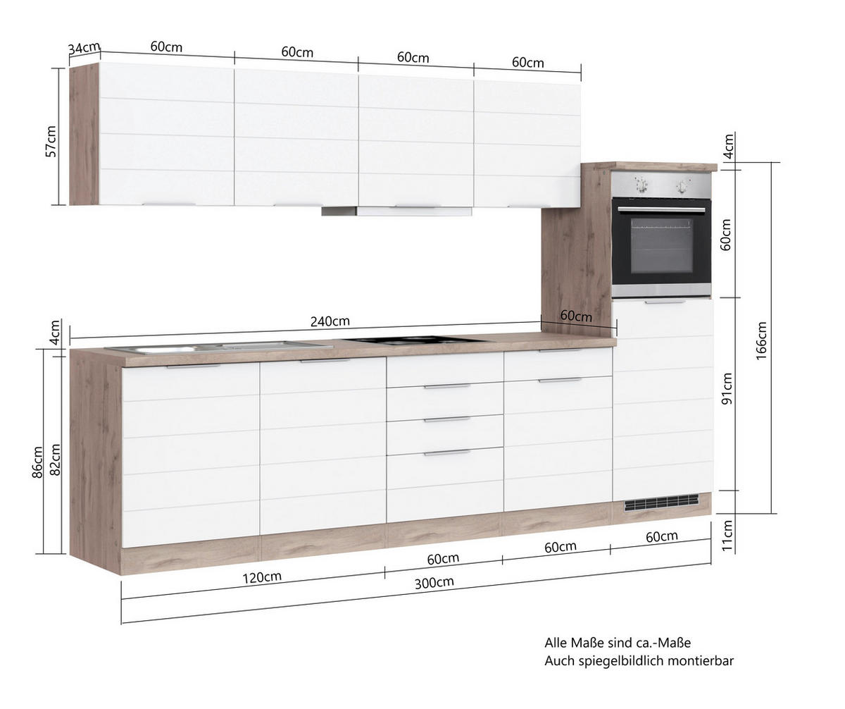 KÜCHENBLOCK 300 cm   in Eiche Wotan, Weiß  - Eiche Wotan/Weiß, Design, Holzwerkstoff/Metall (300cm) - Held