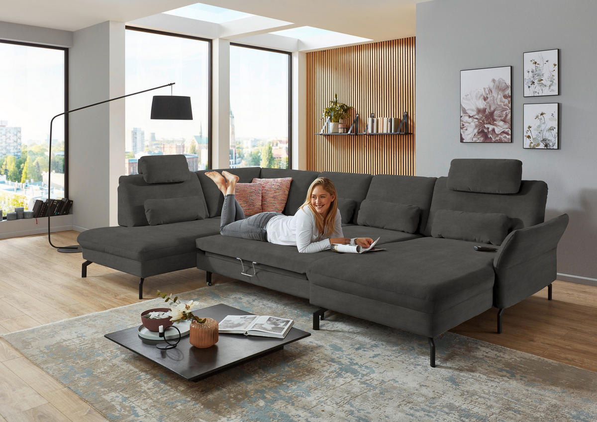 WOHNLANDSCHAFT in Velours Grau  - Schwarz/Grau, Design, Textil/Metall (220/335/179cm) - Beldomo System