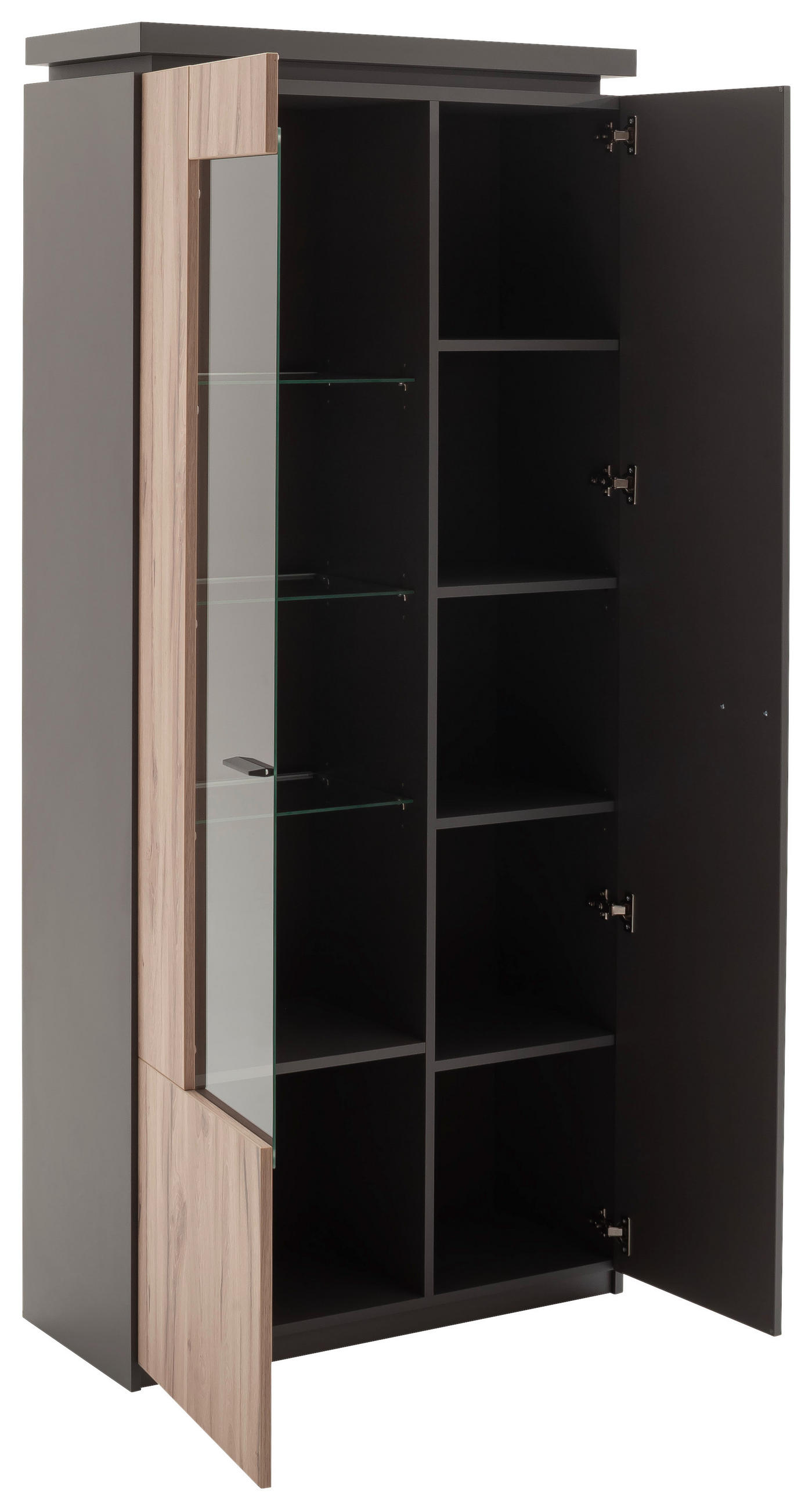 VITRINE Grau, Eichefarben Befestigungsmaterial, Einlegeböden, Oberplattenbeleuchtung  - Eichefarben/Anthrazit, Design, Glas/Holzwerkstoff (88/198/38cm) - Carryhome