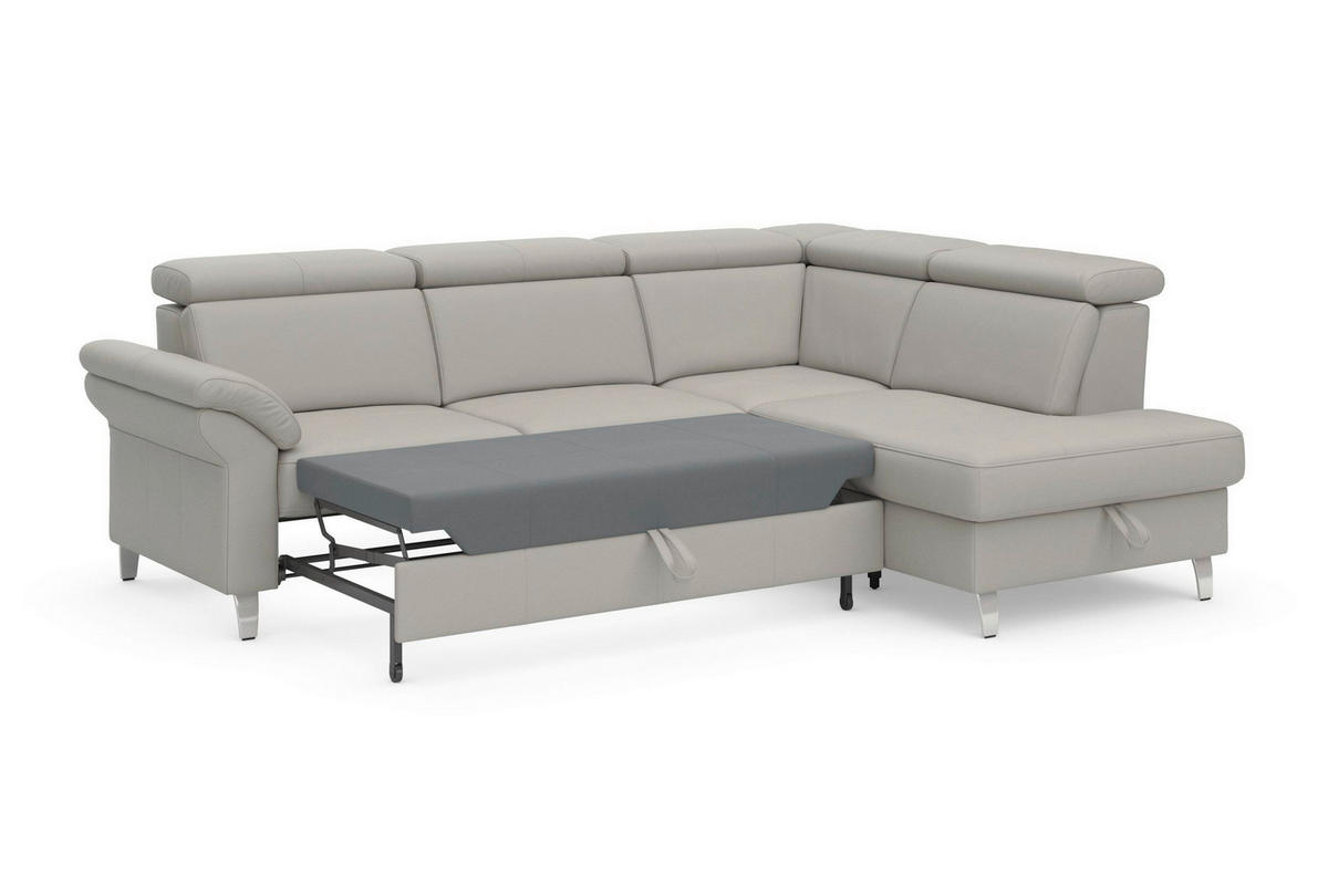 ECKSOFA ARNGAST E Hellgrau Kombination Echtleder/Stoff Mikrofaser Bettkasten, Kopfteilverstellung  - Chromfarben/Hellgrau, Basics, Leder/Textil (245/194cm) - Sit & More