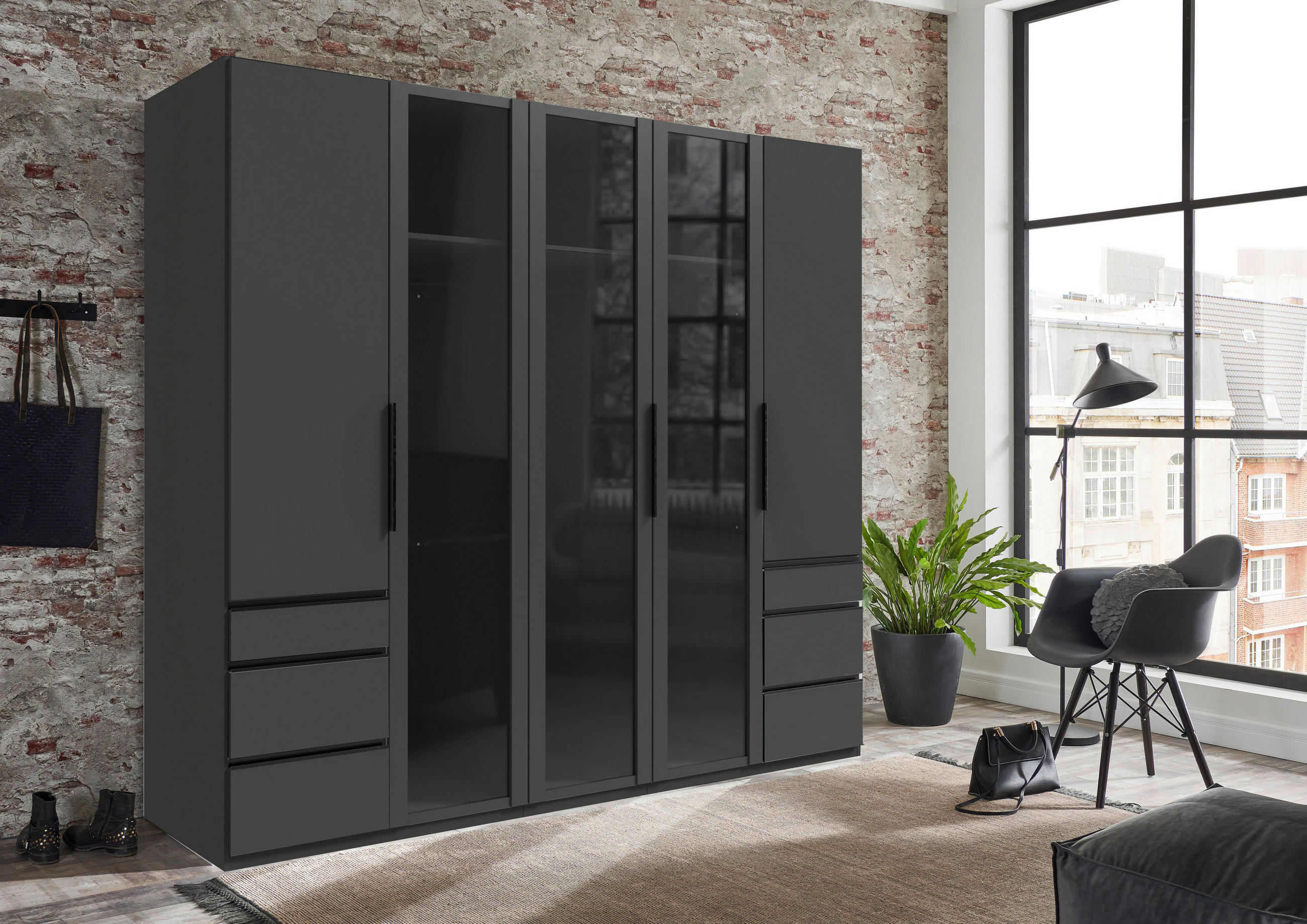 KLEIDERSCHRANK 250/216/58 cm 5-türig Graphitfarben  - Schwarz/Graphitfarben, Design, Glas/Holzwerkstoff (250/216/58cm) - Hom`in